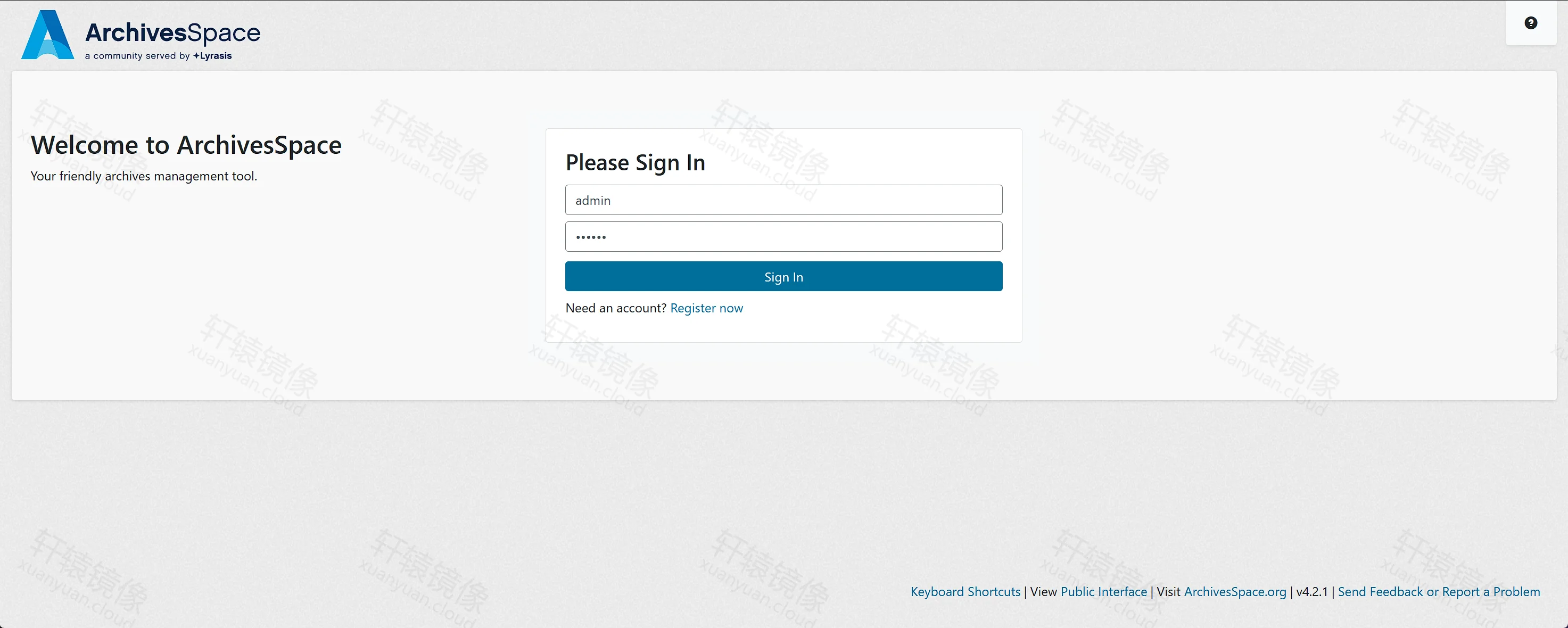 点击放大 ArchivesSpace Staff 登录页:Please Sign In,已填 admin,页脚 v4.2.1