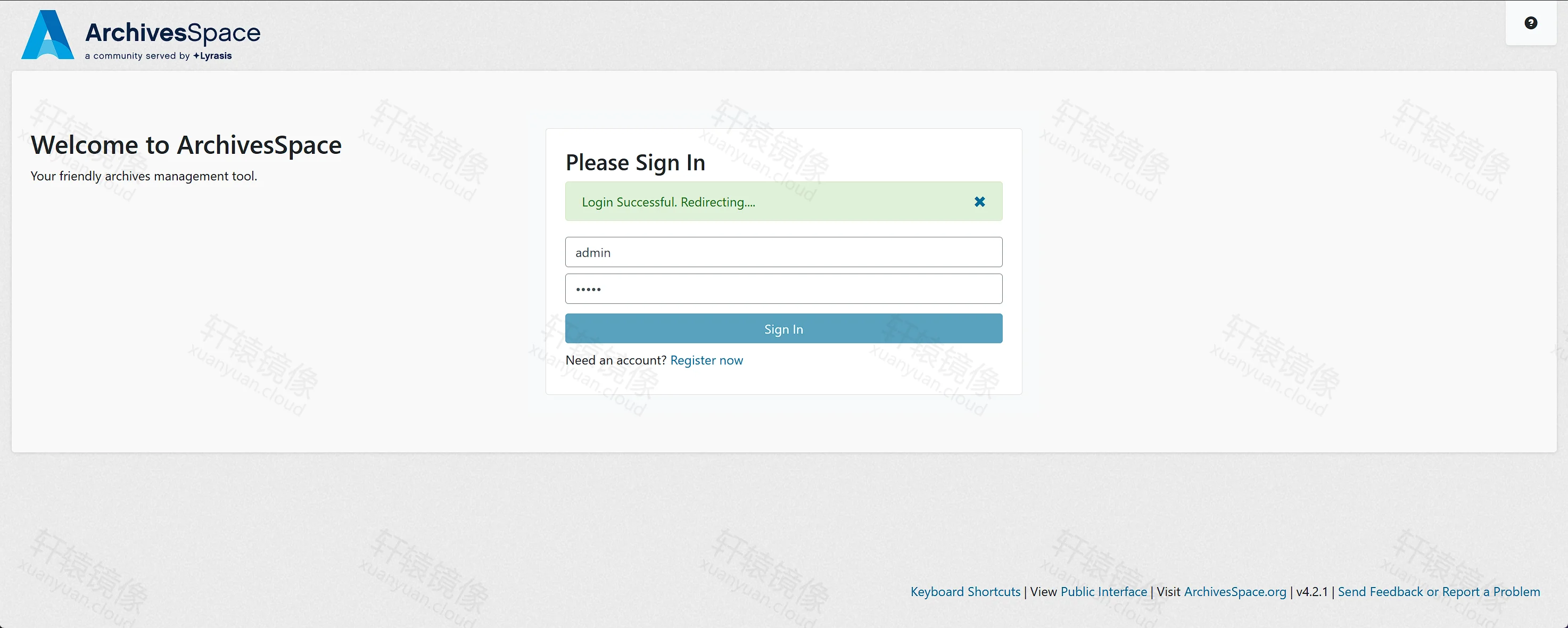 点击放大 ArchivesSpace 登录成功:绿色 Login Successful Redirecting 提示