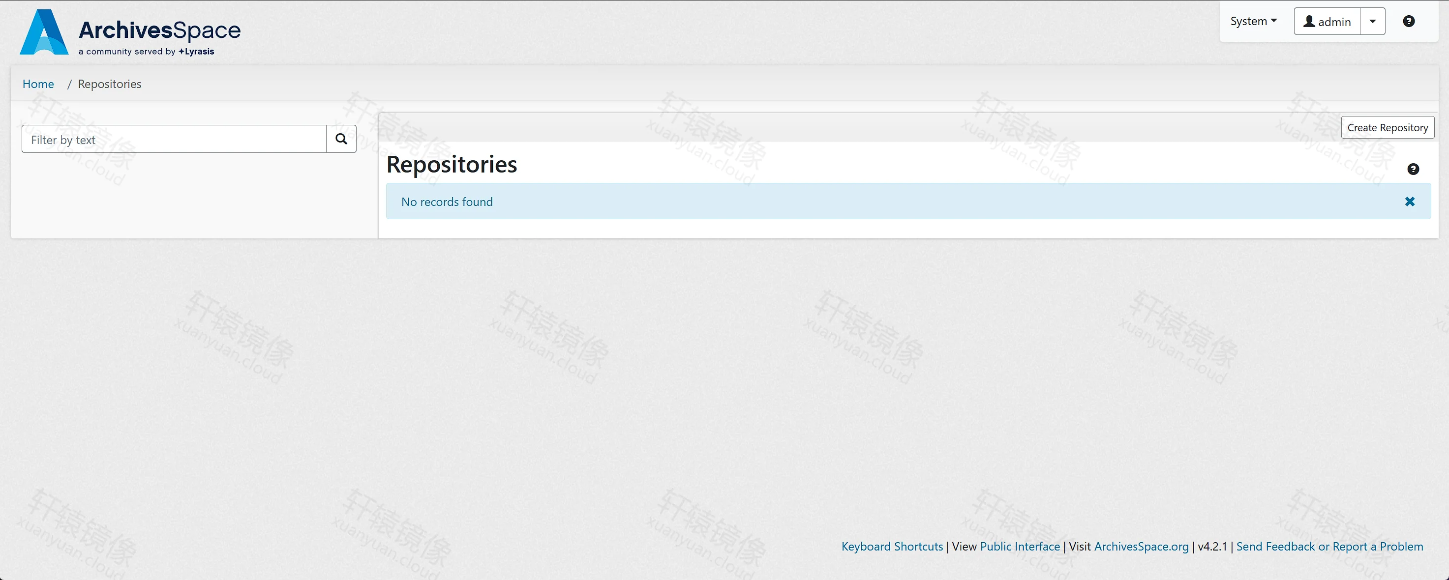 点击放大 ArchivesSpace Repositories 列表:No records found,Create Repository 按钮