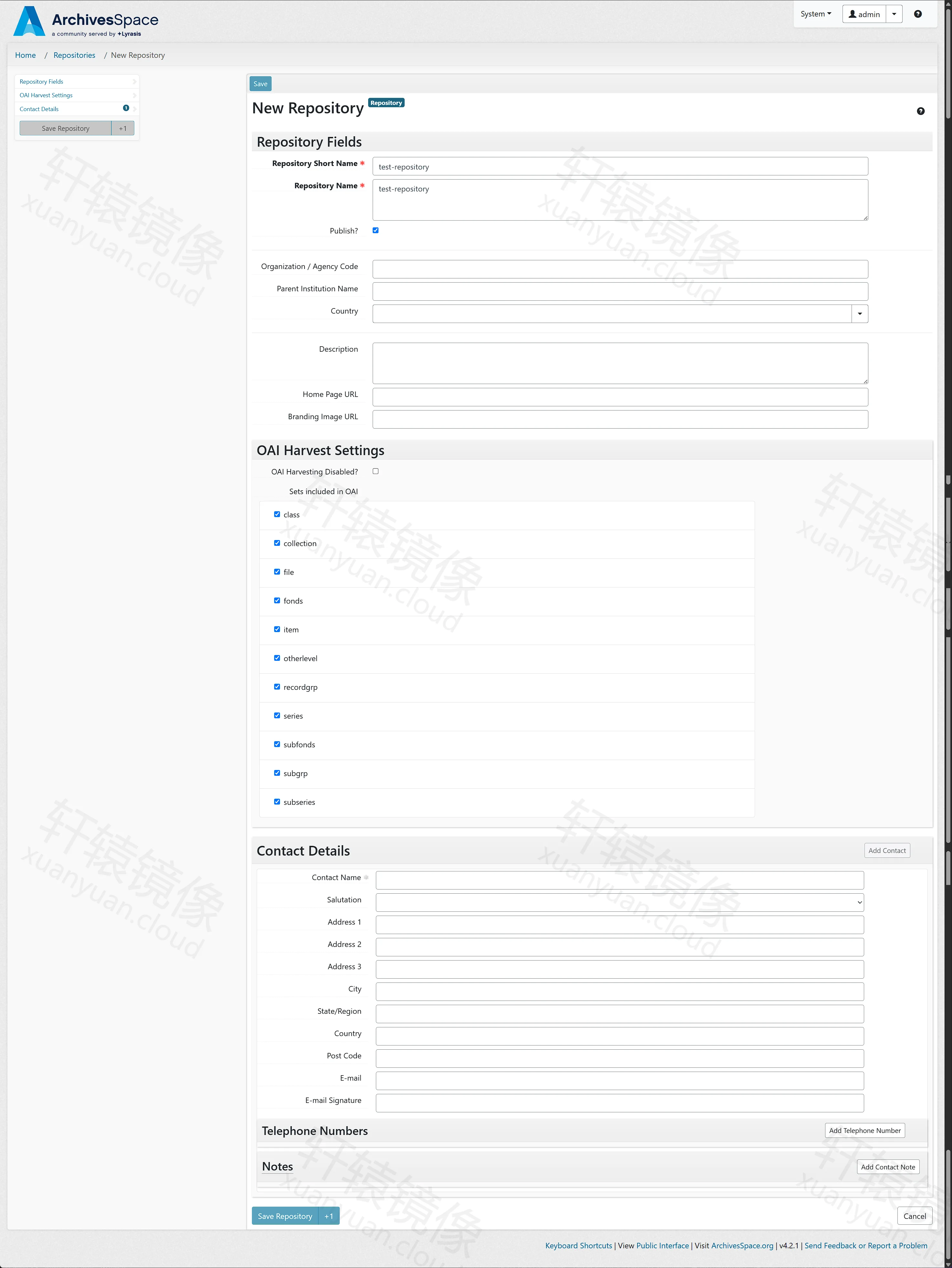 点击放大 ArchivesSpace 新建 Repository 表单:Short Name 与 Name 填 test-repository