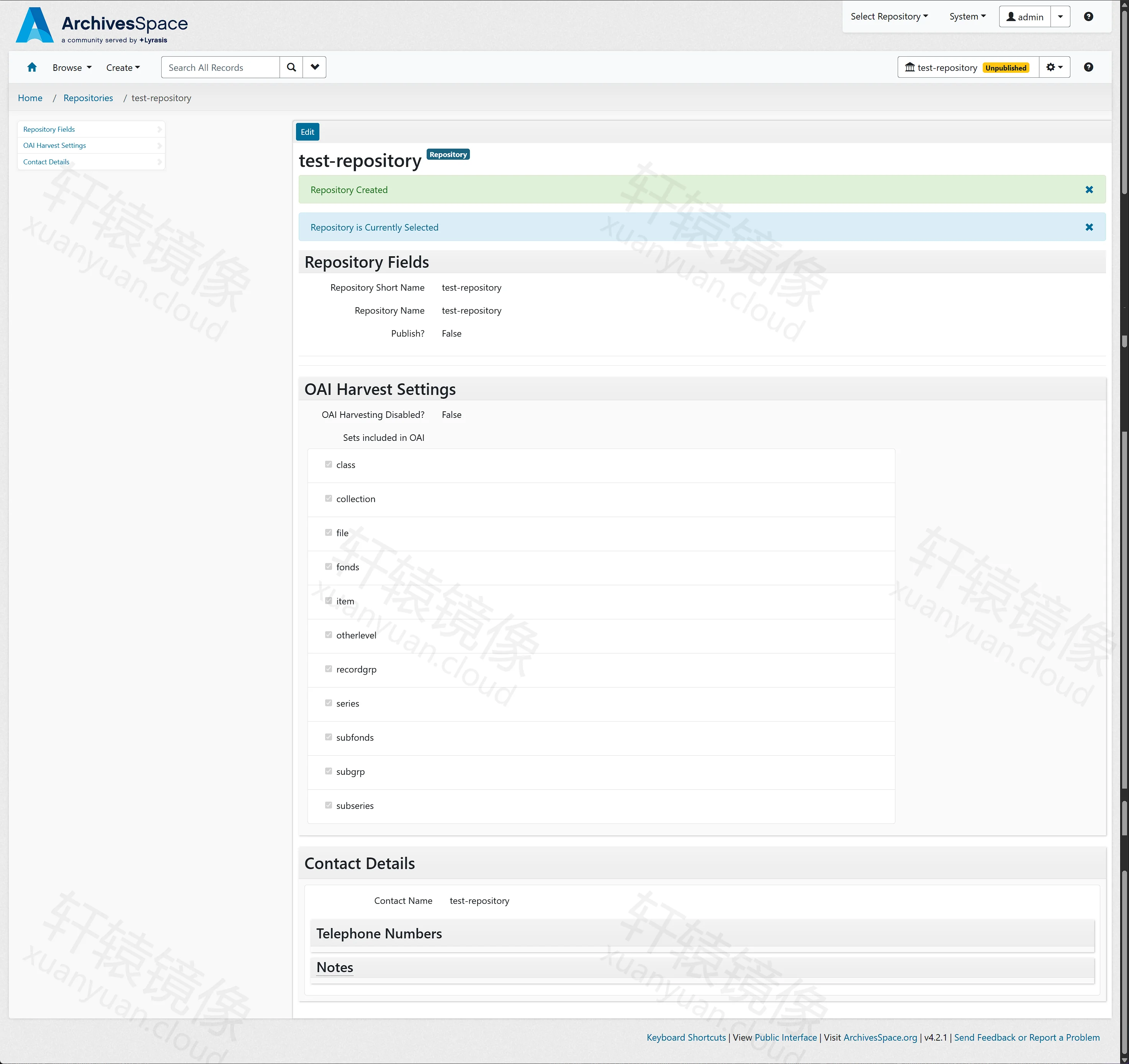 点击放大 ArchivesSpace Repository 详情:Repository Created,当前选中 test-repository