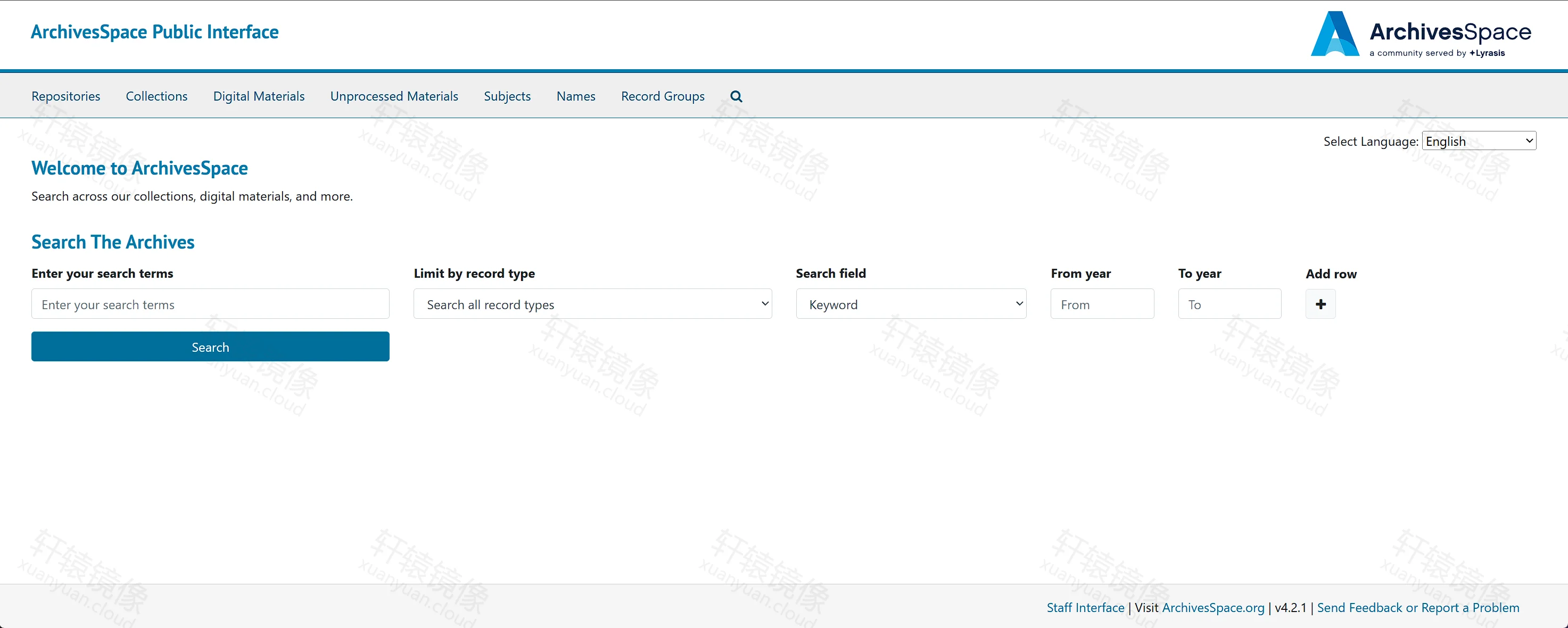 点击放大 ArchivesSpace Public 界面:Welcome 与 Search The Archives 表单