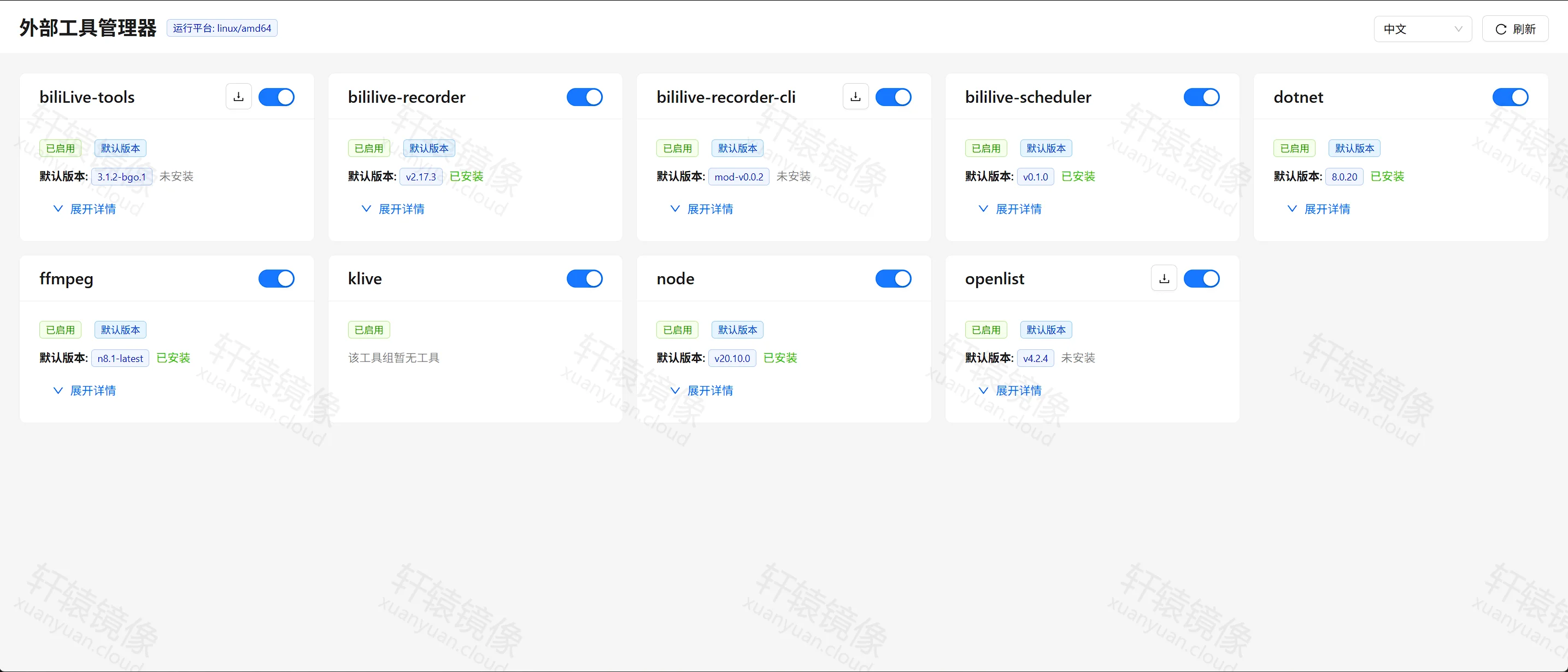 点击放大 Bililive-go 外部工具管理器:运行平台为 linux/amd64,ffmpeg 与 node 显示已安装,biliLive-tools 默认版本未安装