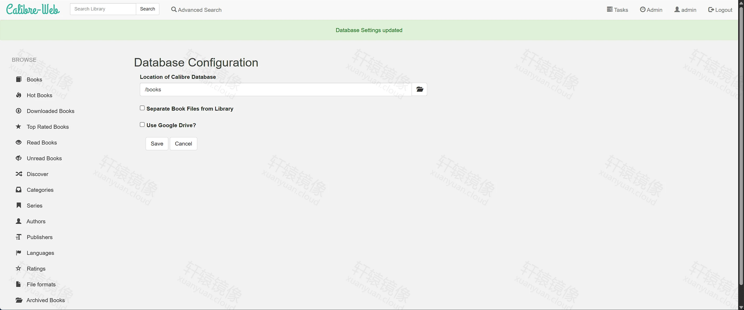 点击放大 Calibre-Web Database Configuration:路径 /books 已保存
