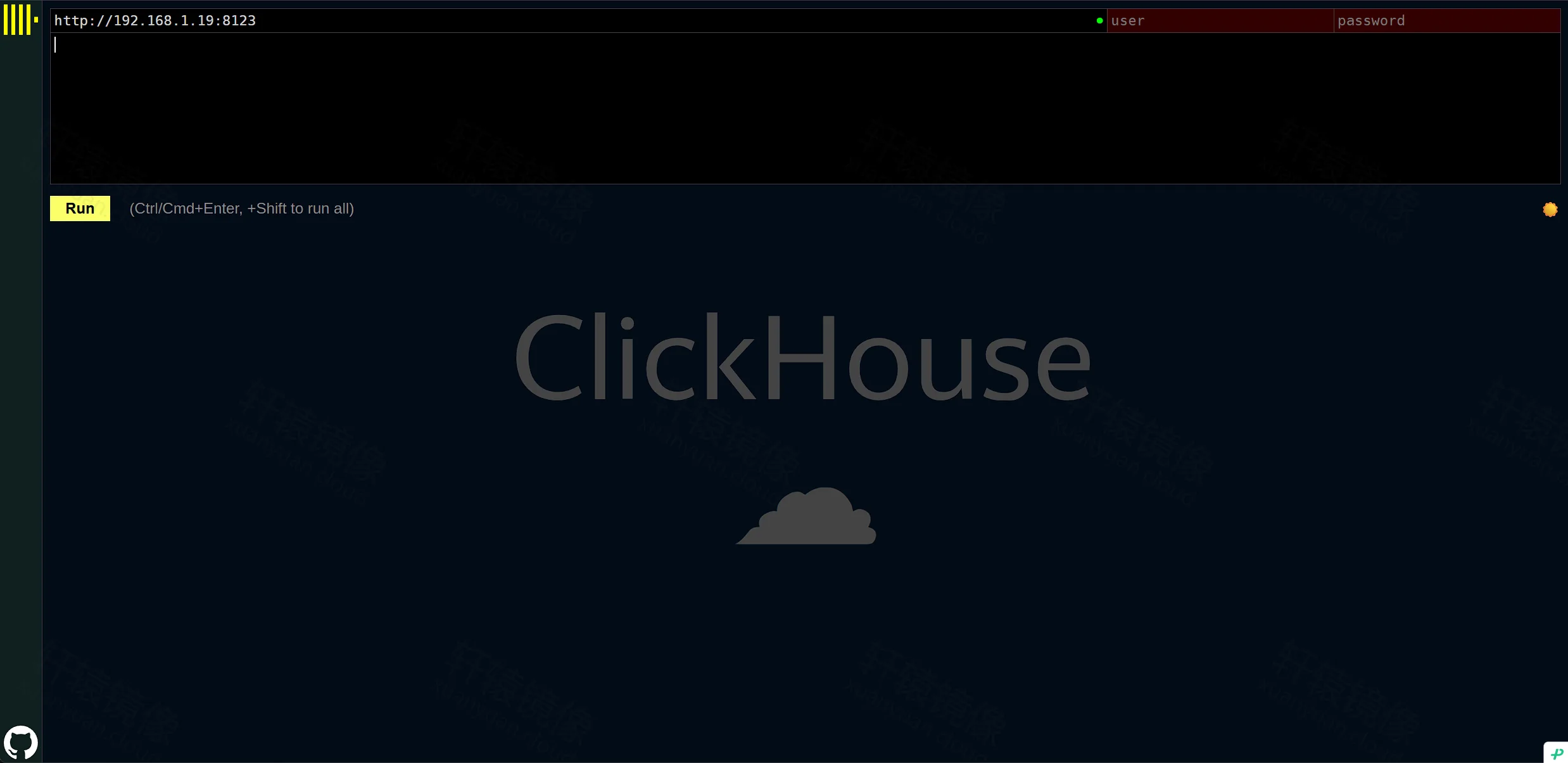 点击放大 ClickHouse Play 初始页:空白查询框与 user、password 输入