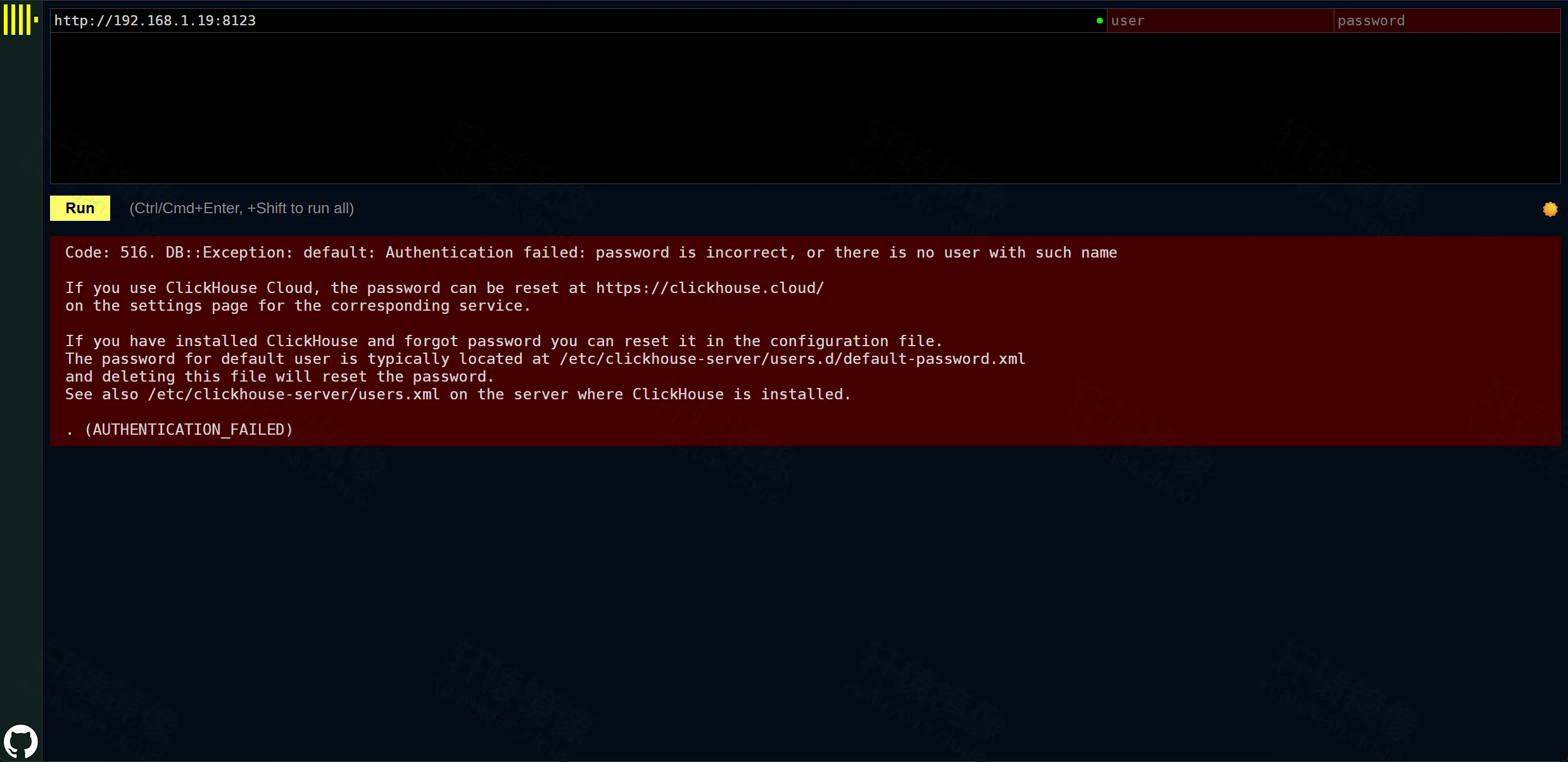 点击放大 ClickHouse Play 认证失败 Code 516 Authentication failed