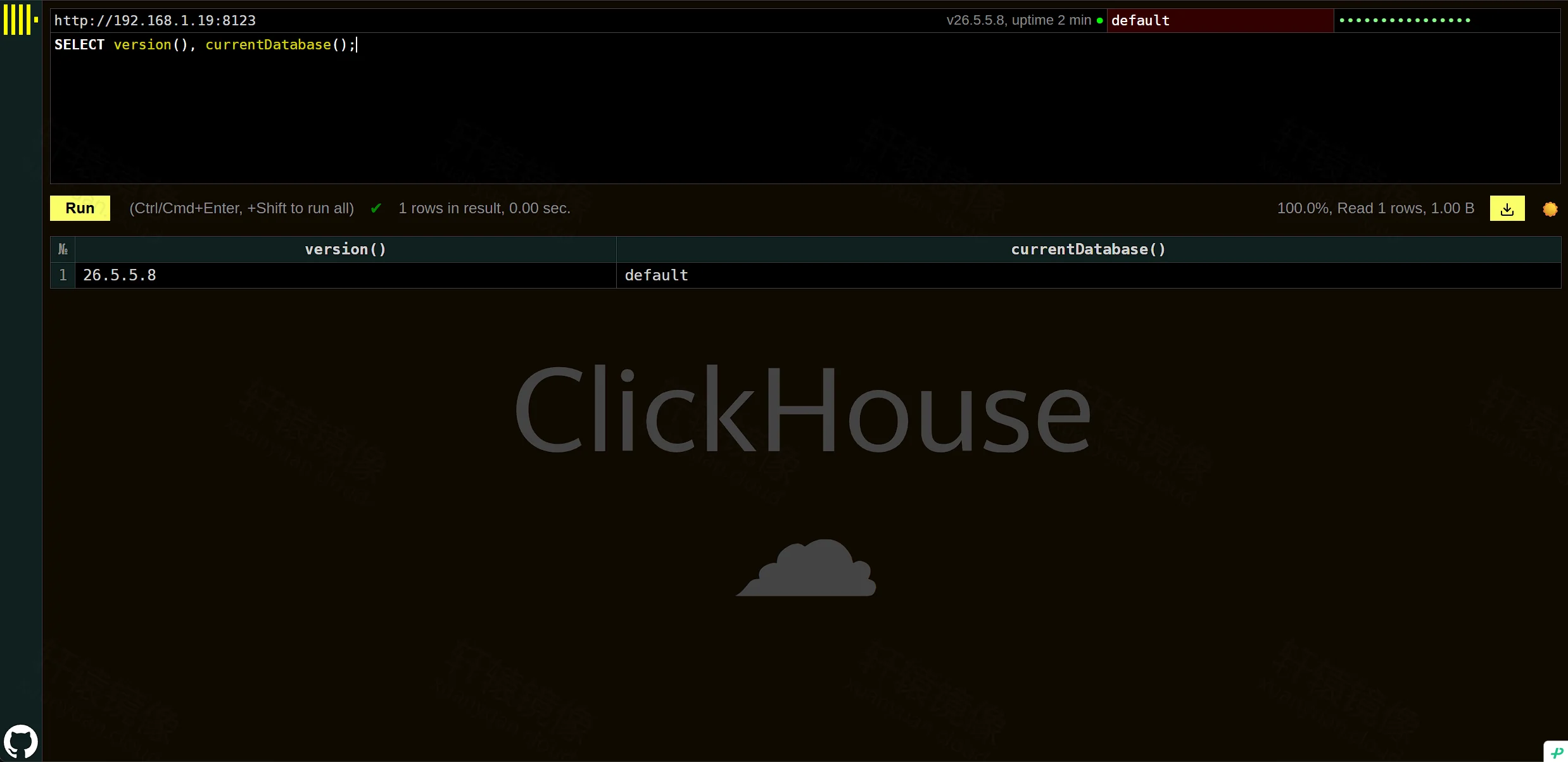 点击放大 Play 执行 SELECT version 与 currentDatabase 成功返回 26.5.5.8