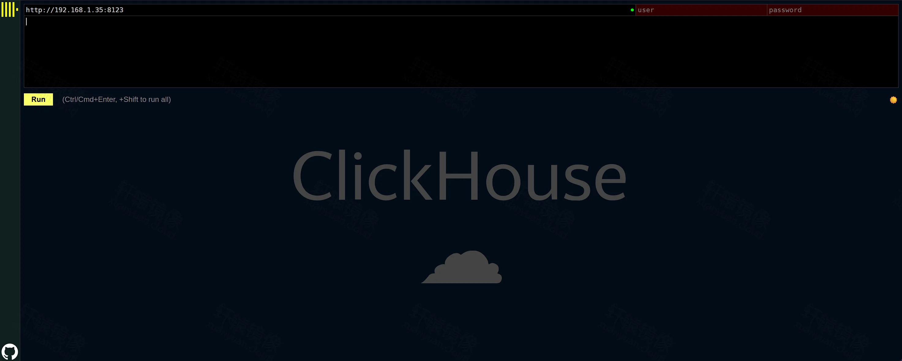 点击放大 ClickHouse Play 初始页:空白查询框与 user、password,地址 192.168.1.35:8123