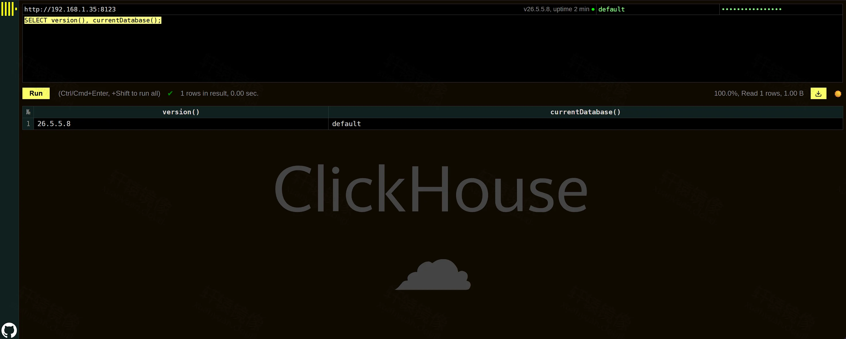 点击放大 Play 执行 SELECT version 返回 26.5.5.8,用户 default