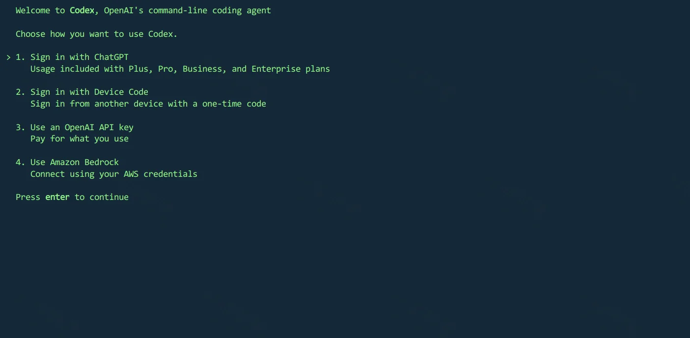 点击放大 Codex CLI 首次进入:登录方式列表,光标停在 Sign in with ChatGPT