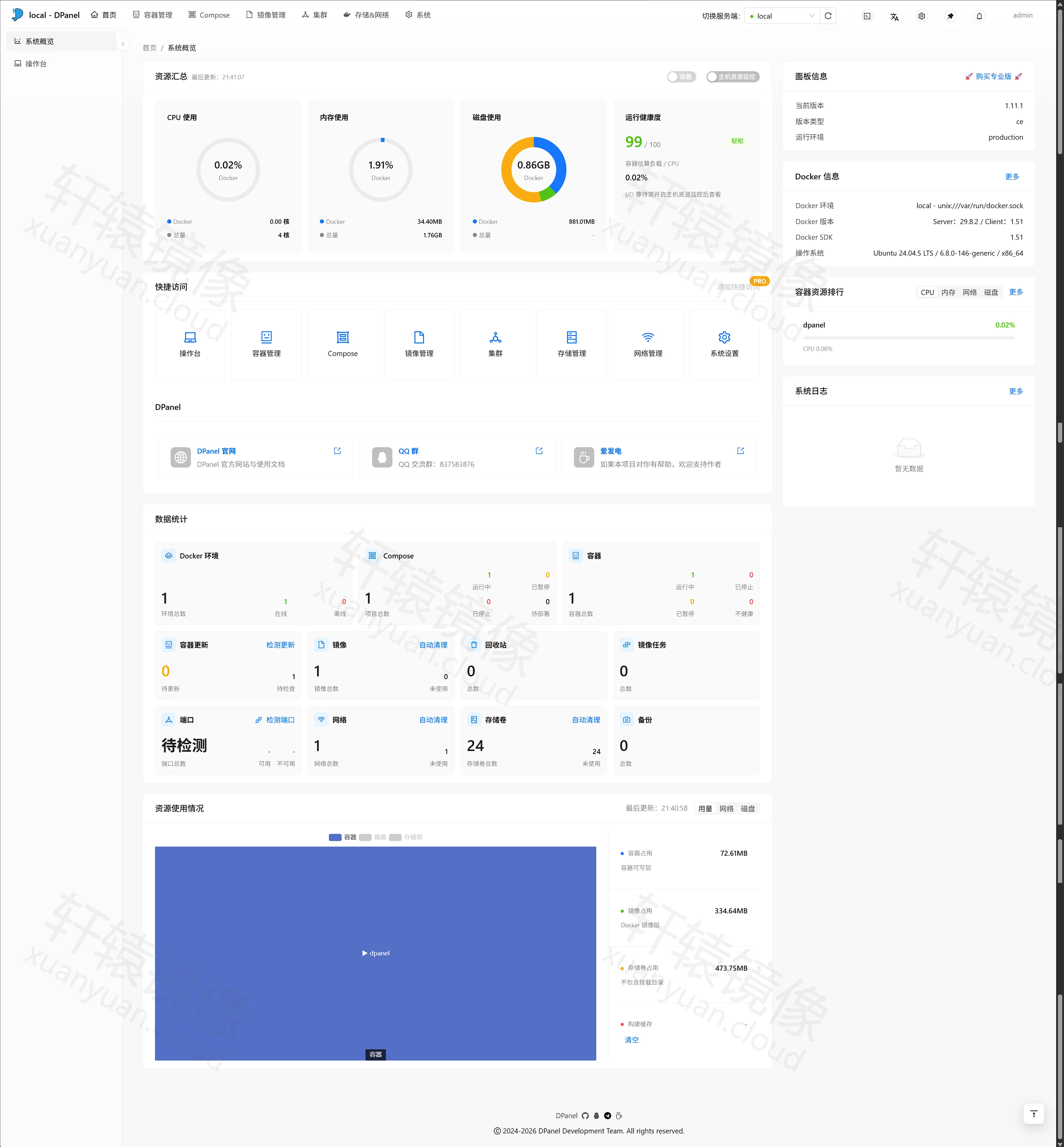 点击放大 DPanel 系统概览,版本 1.11.1,Docker 29.8.2,Ubuntu 24.04.5 LTS,1 个容器运行中,套接字 unix:///var/run/docker.sock