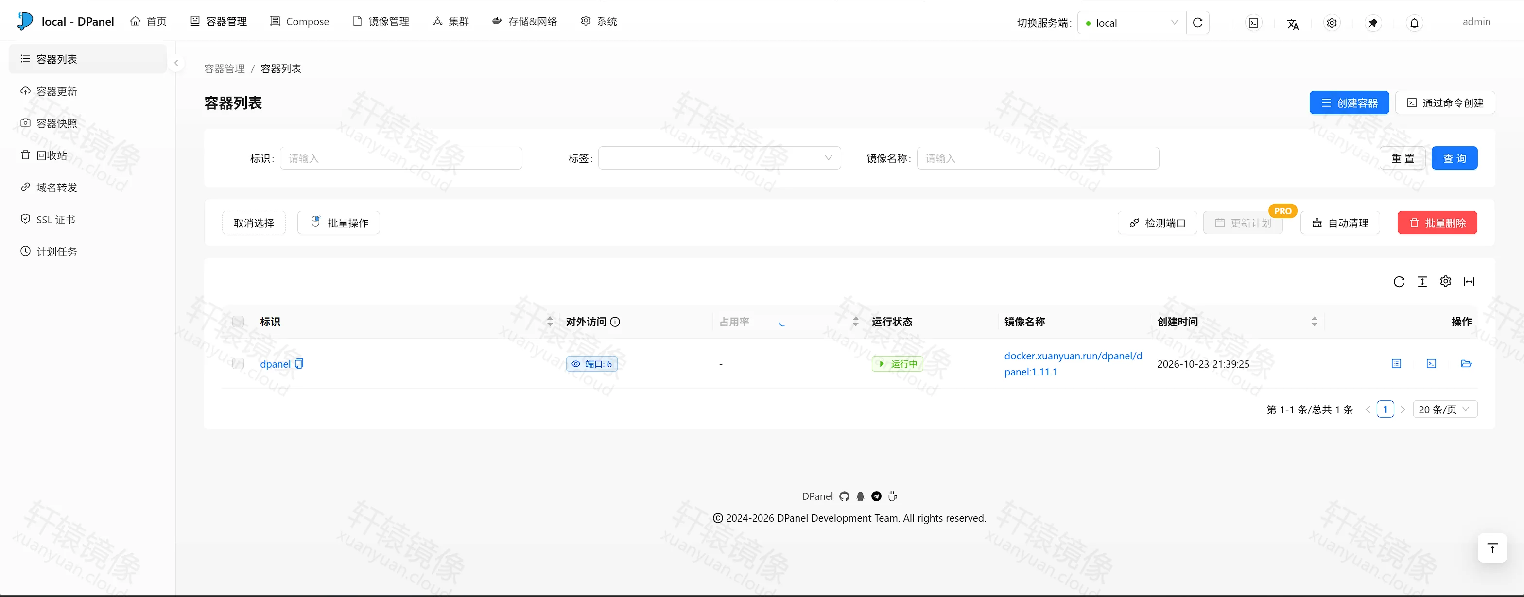 点击放大 DPanel 容器列表,dpanel 为运行中,镜像 docker.xuanyuan.run/dpanel/dpanel:1.11.1,对外访问为端口 6