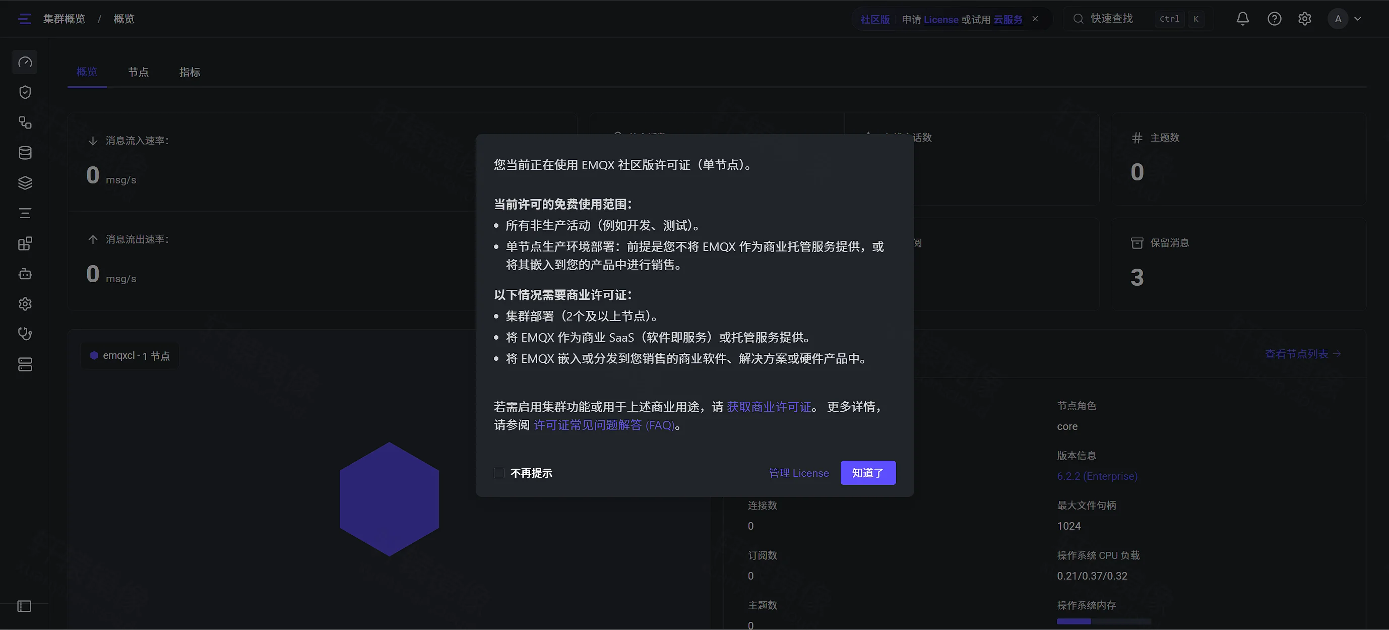 点击放大 EMQX 社区版单节点许可证提示:知道了后进入集群概览