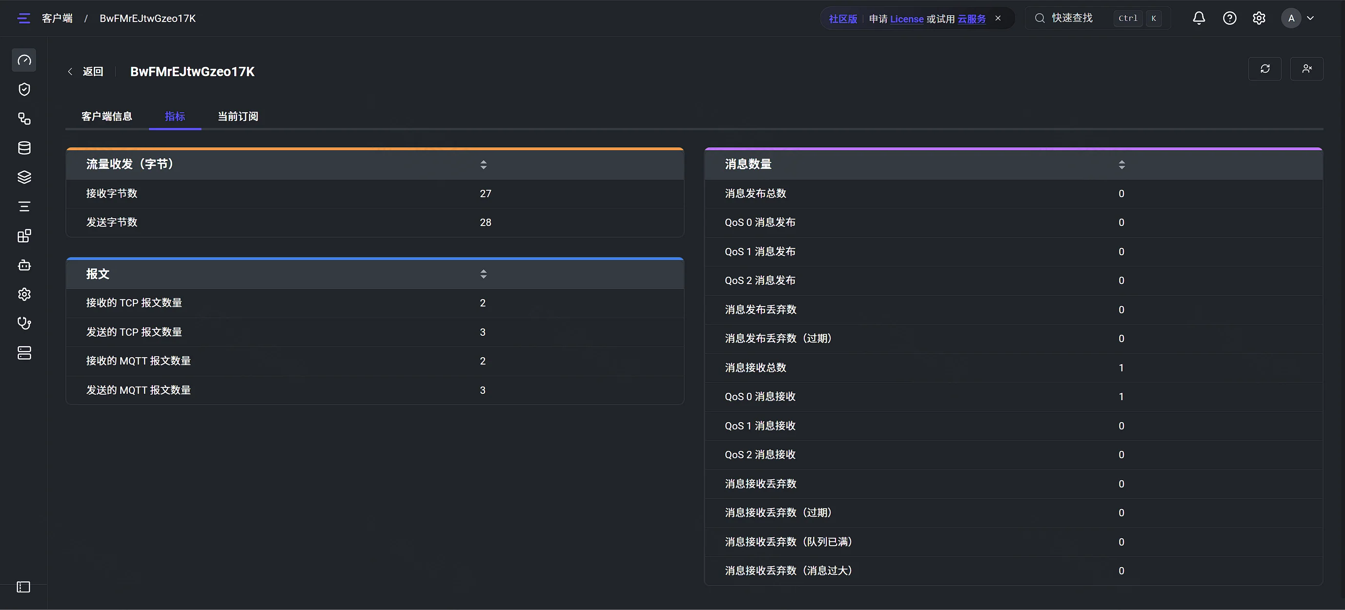 点击放大 EMQX 客户端指标:流量字节、报文与消息收发统计