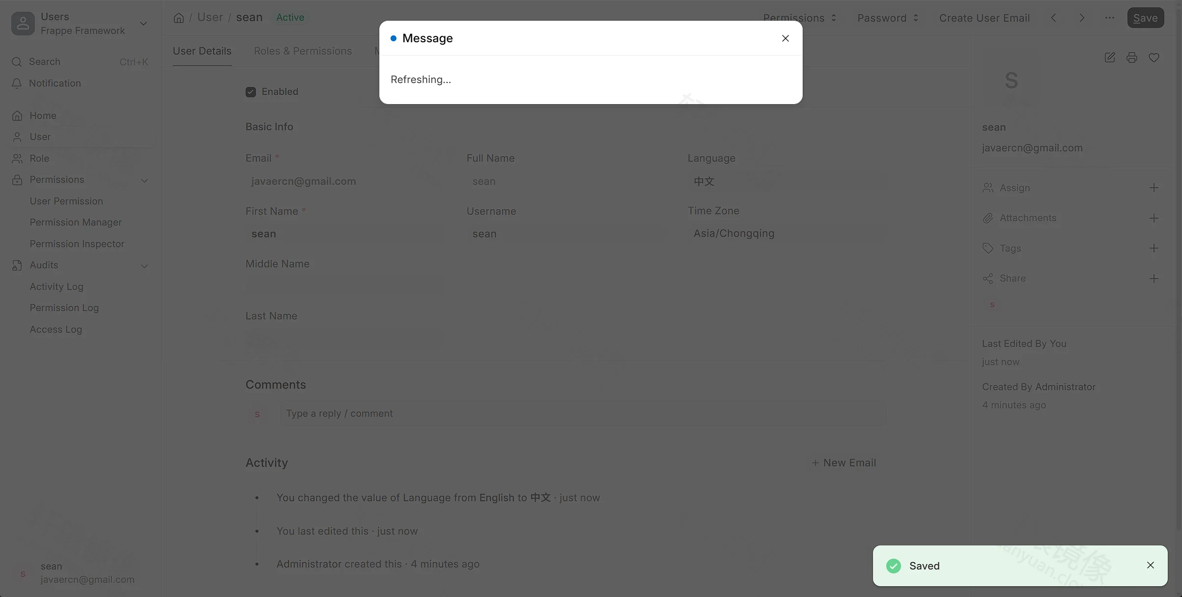 点击放大 ERPNext 用户语言已改为中文并 Refreshing