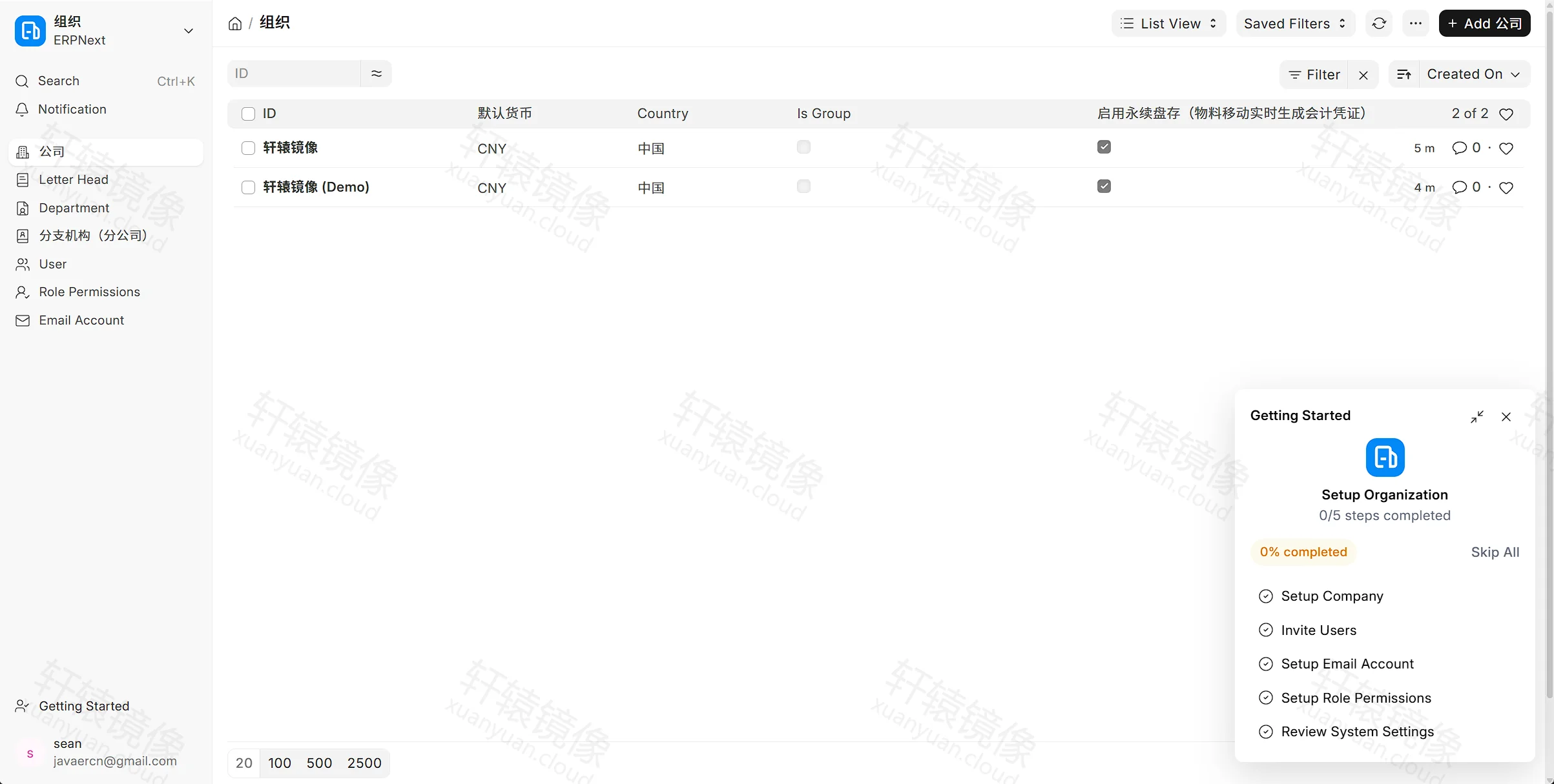 点击放大 ERPNext 组织模块:公司列表与 Getting Started