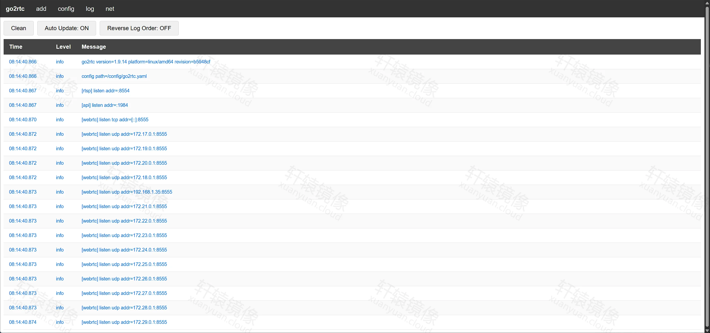 点击放大 go2rtc WebUI 日志页:version 1.9.14,api :1984、rtsp :8554、webrtc 含 192.168.1.35:8555