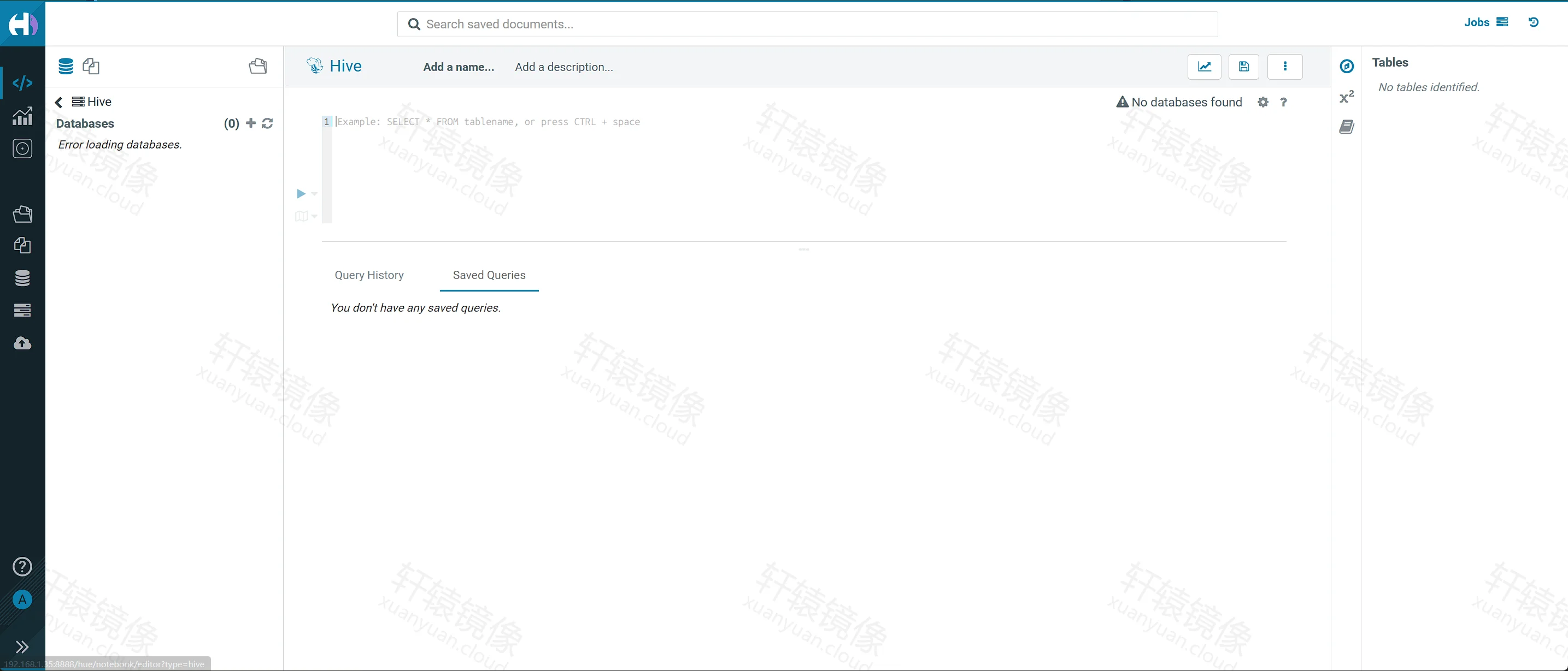 点击放大 登录后默认打开 Hive 编辑器,左侧 Error loading databases