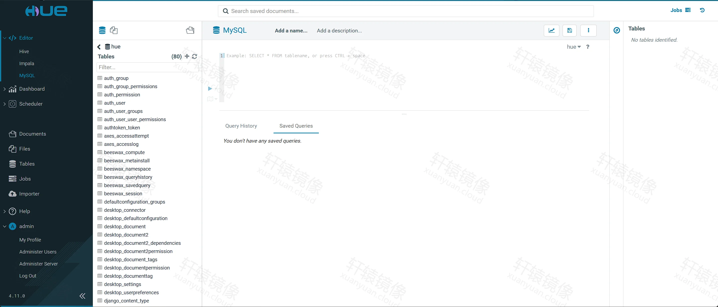 点击放大 MySQL 解释器列出库 hue 的 80 张表,页脚用户 admin、版本 4.11.0