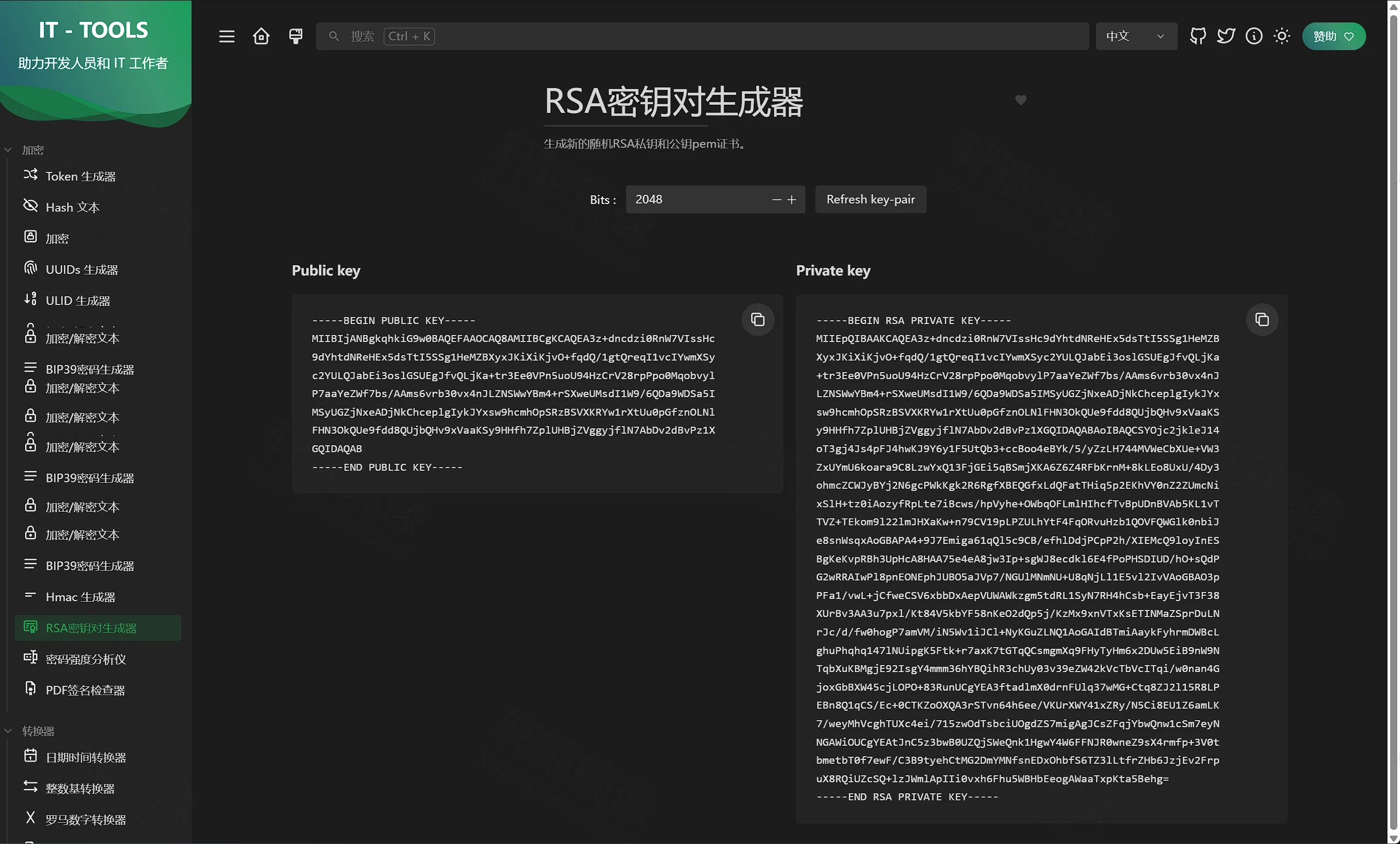 点击放大 IT Tools RSA 密钥对生成器:2048 位 PEM 公钥与私钥