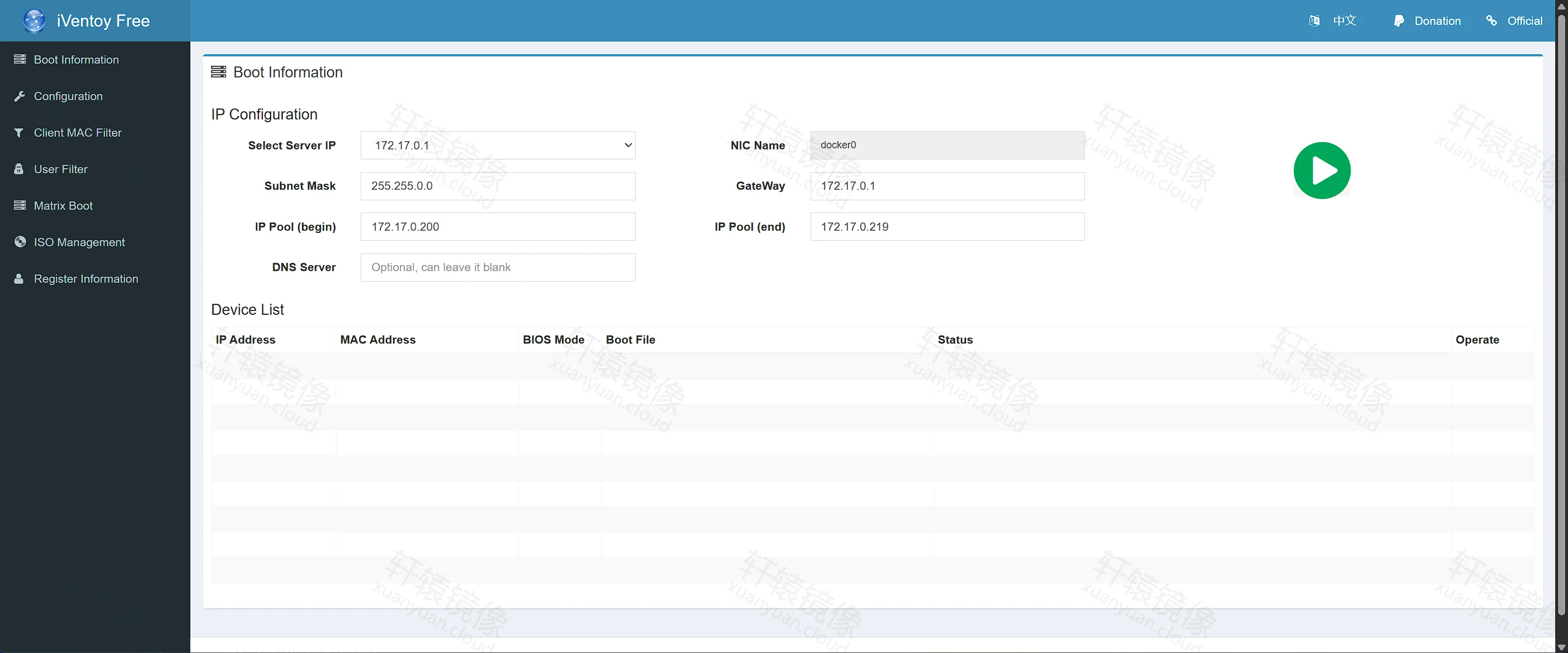 点击放大 iVentoy 启动信息:默认选中 docker0 172.17.0.1,须改选局域网 IP