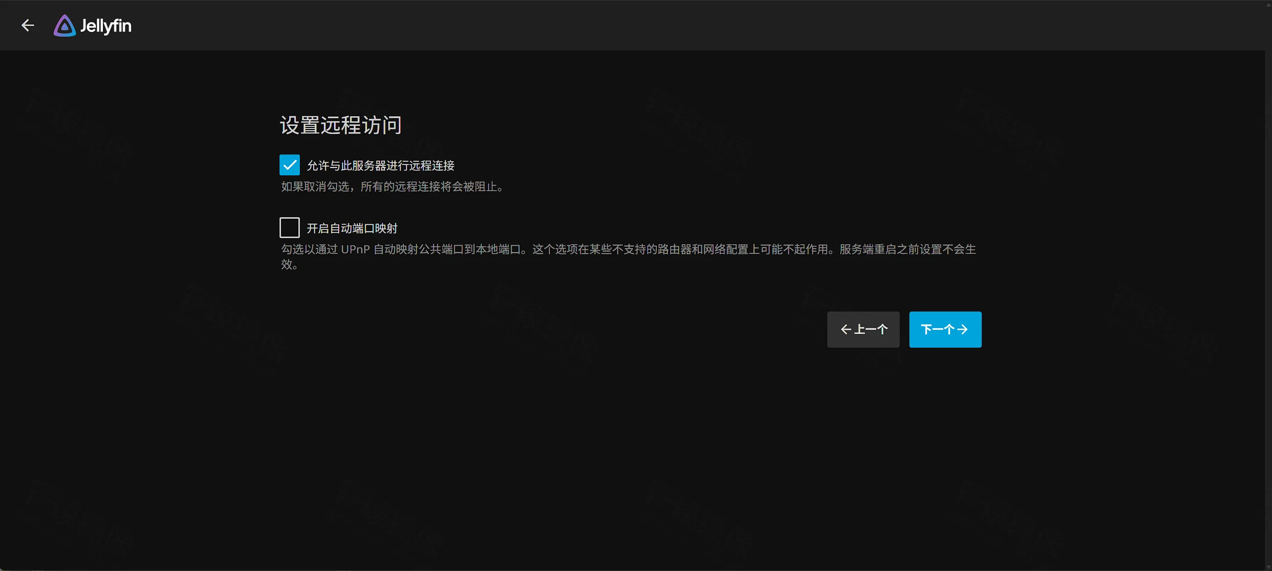 点击放大 Jellyfin 设置远程访问:允许远程连接已勾选,自动端口映射未勾选