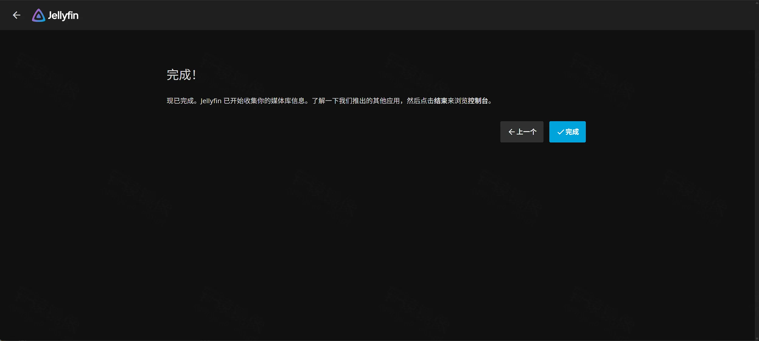 点击放大 Jellyfin 向导完成页:完成按钮与开始收集媒体库信息提示
