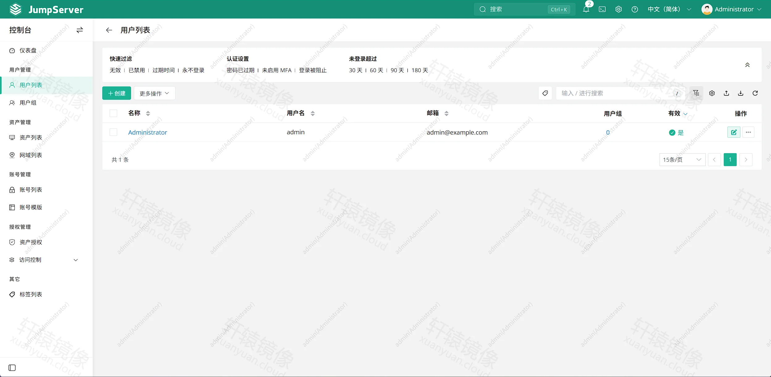 点击放大 JumpServer 用户列表中的 admin