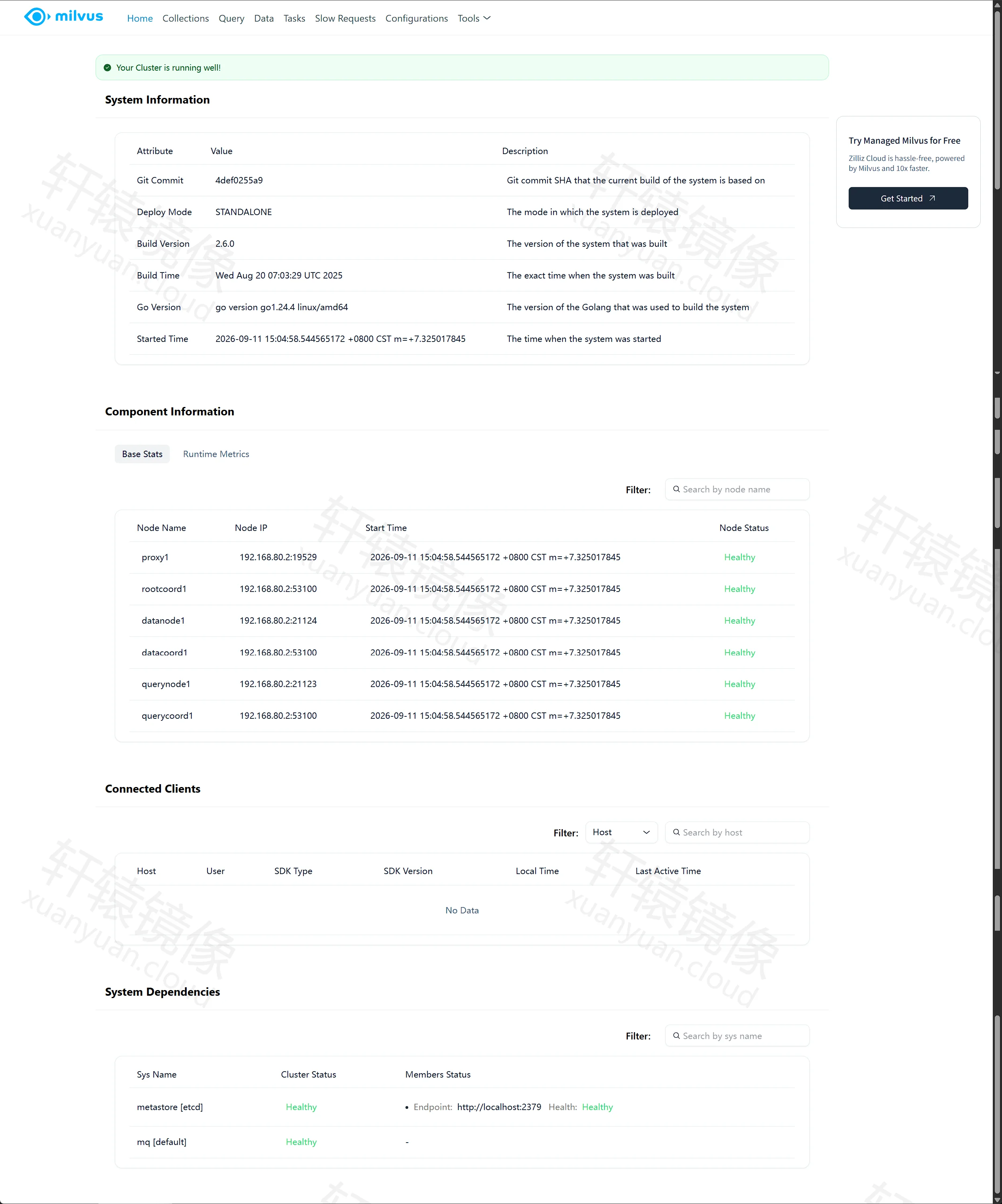 点击放大 Milvus WebUI 首页:Standalone 2.6.0 集群运行正常,各组件与 etcd/mq 均为 Healthy