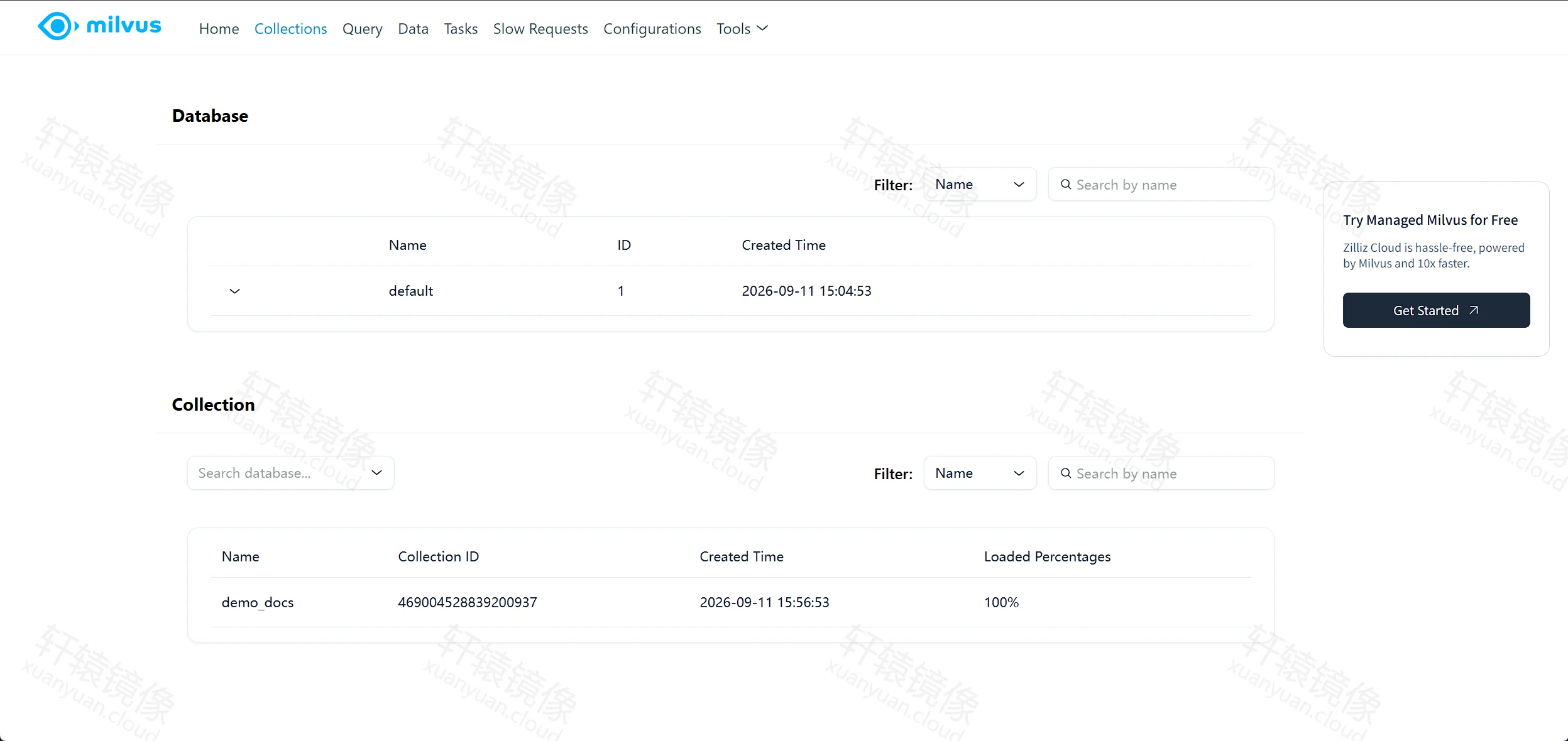 点击放大 Milvus WebUI Collections:default 库下 demo_docs 已加载 100%