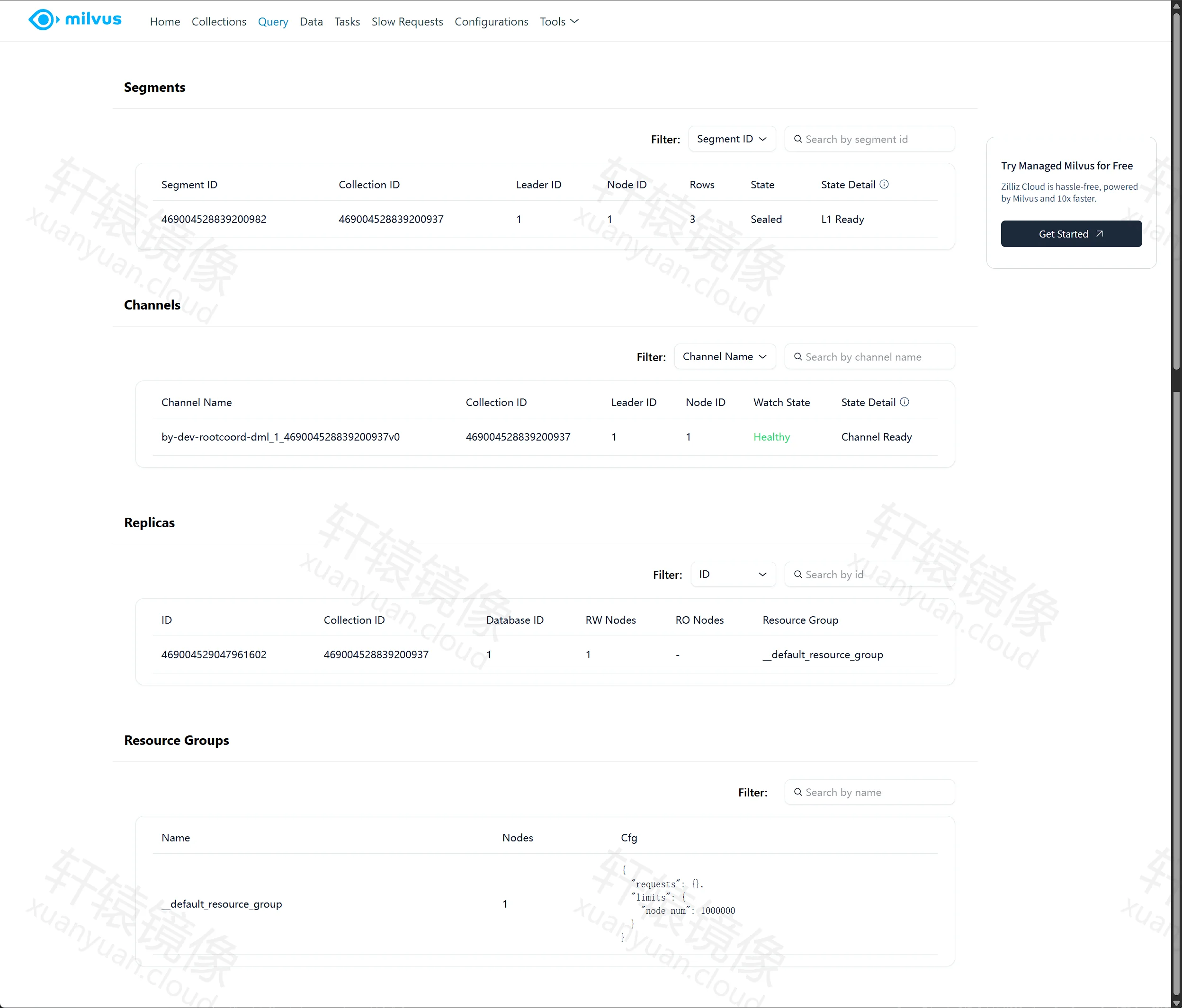 点击放大 Milvus WebUI Query:demo_docs 段 Rows 为 3,Channel 状态 Healthy