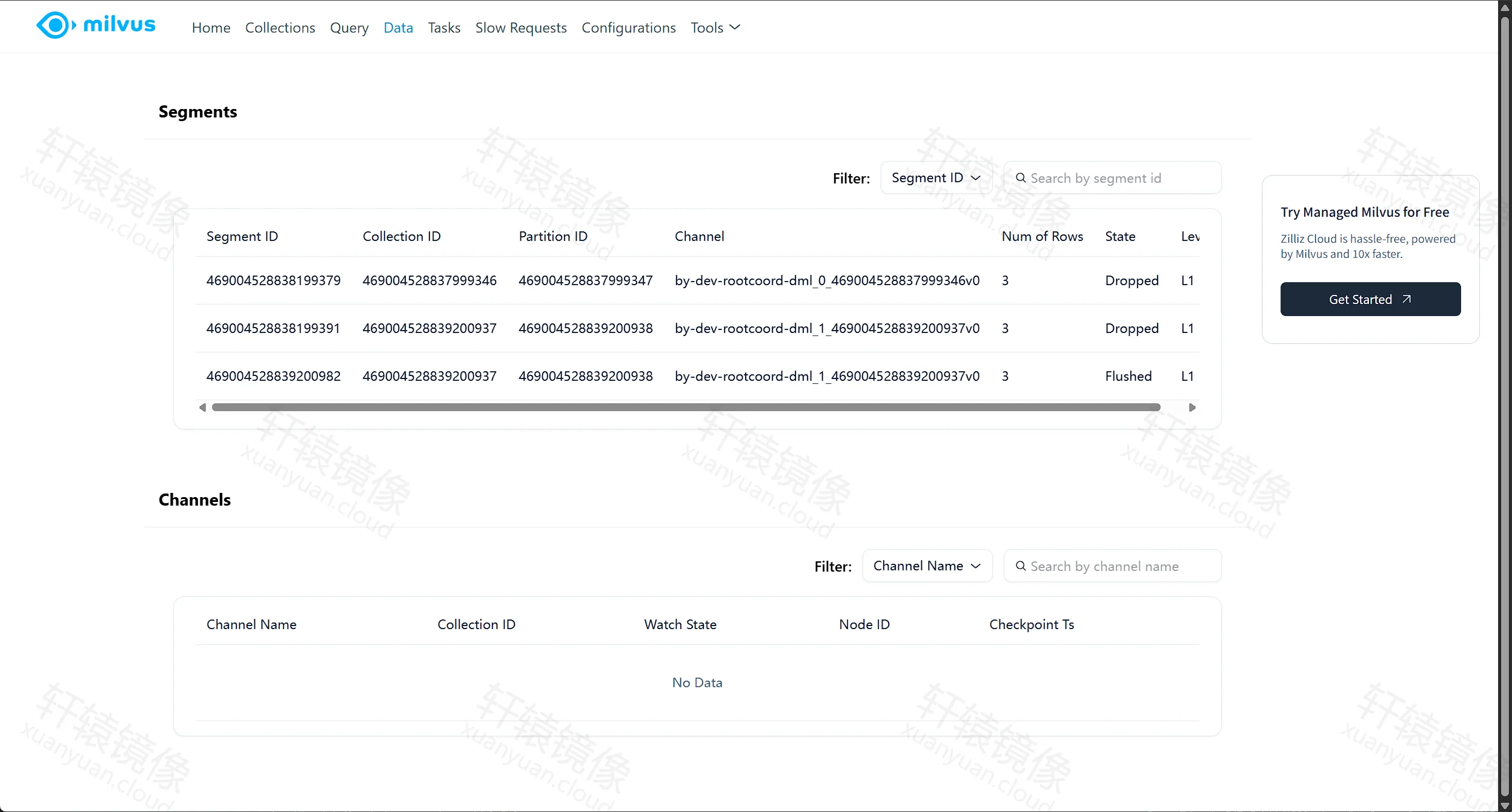 点击放大 Milvus WebUI Data:Segments 列表含 Flushed 与 Dropped 状态,行数为 3