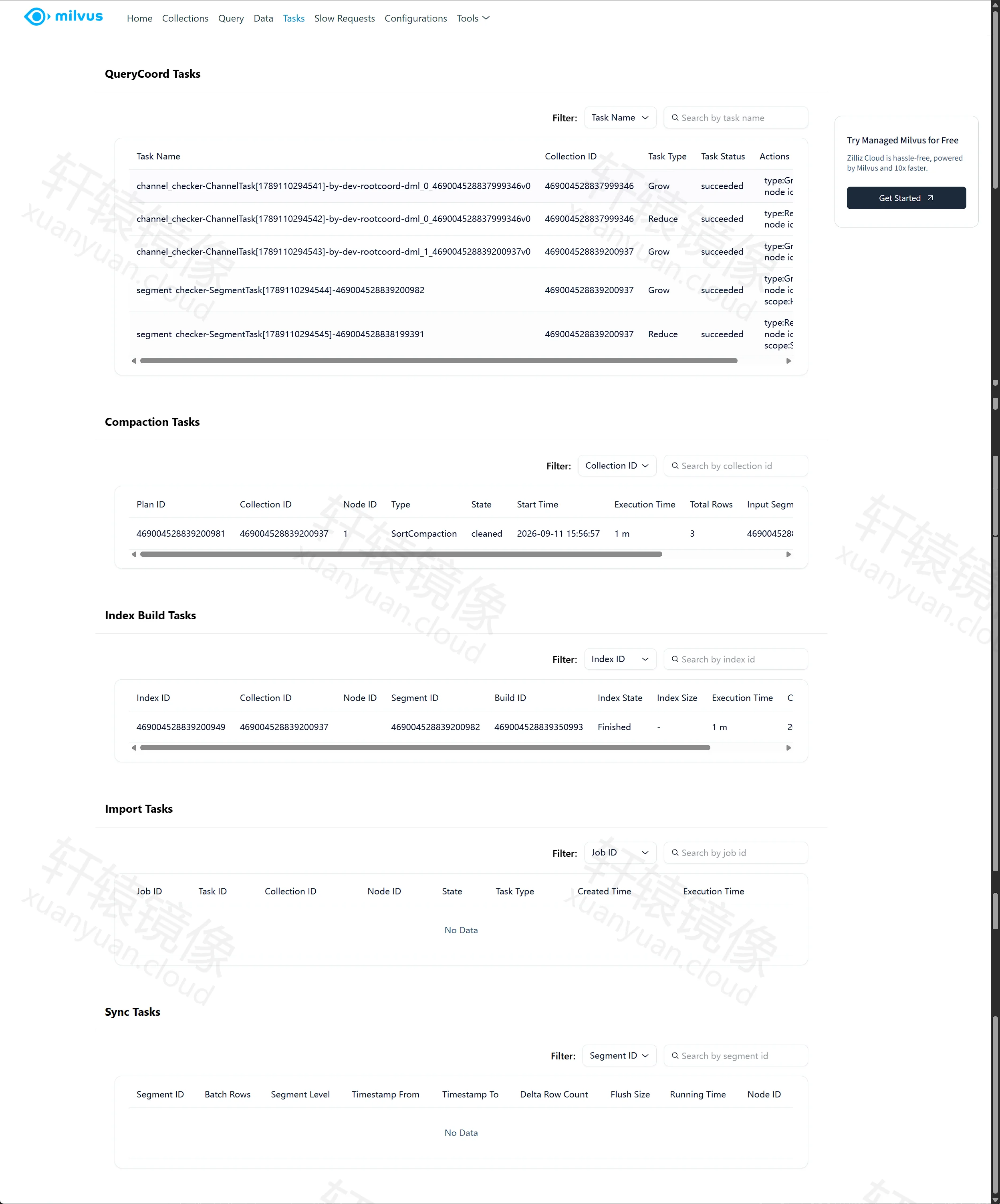 点击放大 Milvus WebUI Tasks:QueryCoord、Compaction、Index Build 任务成功或已完成
