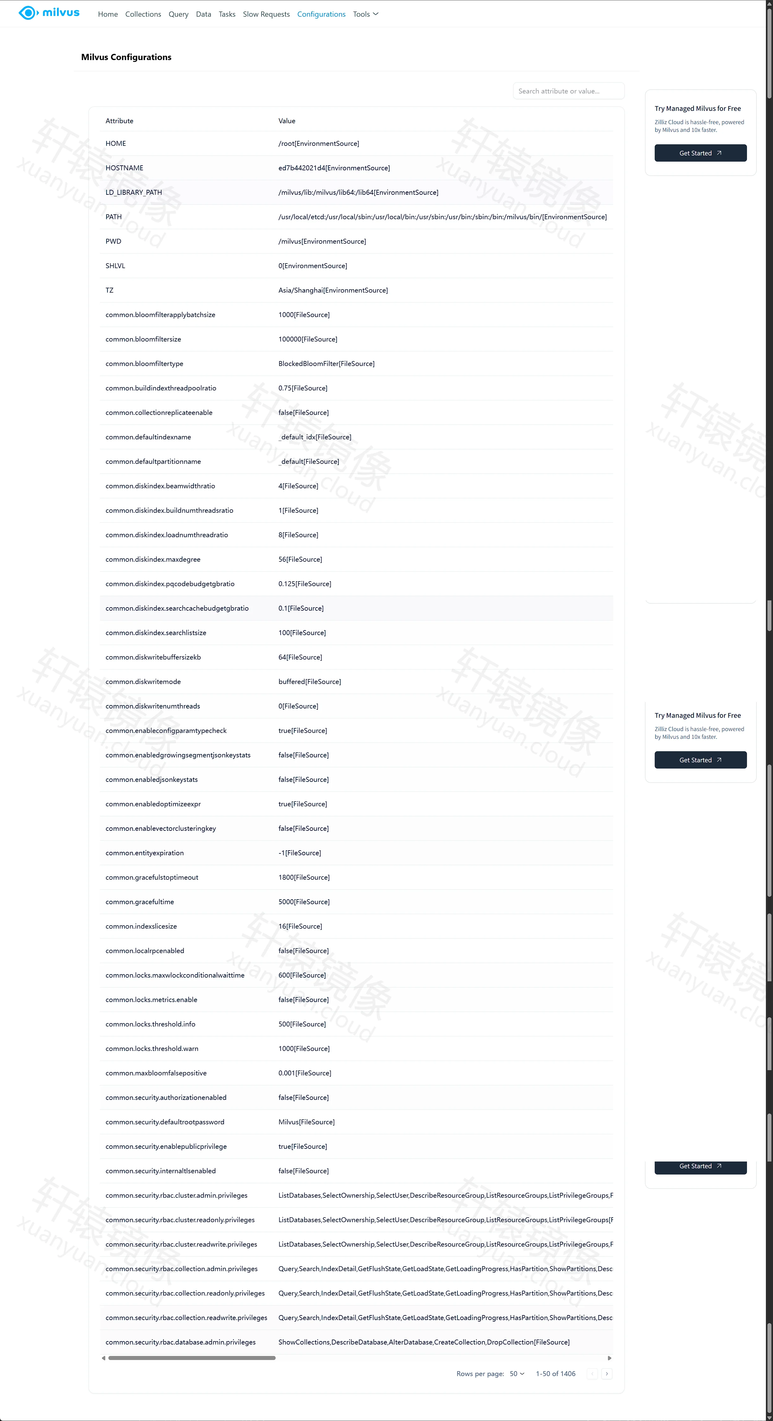 点击放大 Milvus WebUI Configurations:TZ 为 Asia/Shanghai,authorizationenabled 为 false