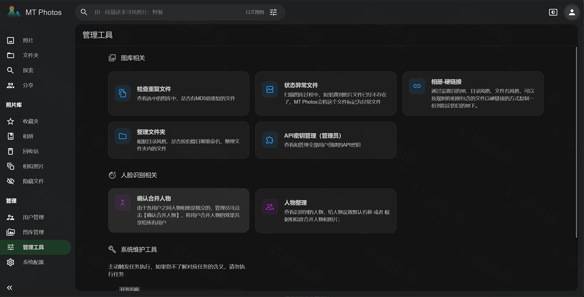 点击放大 管理工具:图库相关、人脸识别相关与系统维护工具卡片