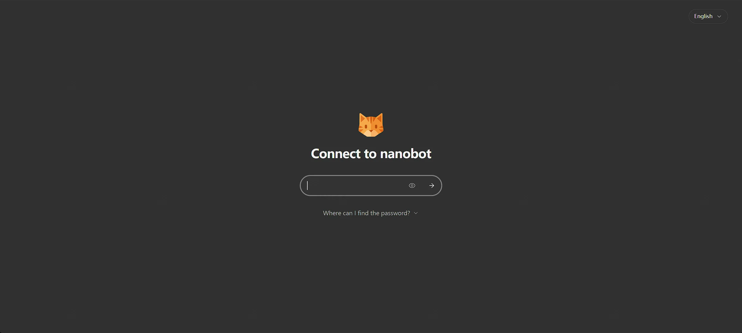 点击放大 nanobot WebUI 登录页 Connect to nanobot 与密码输入框