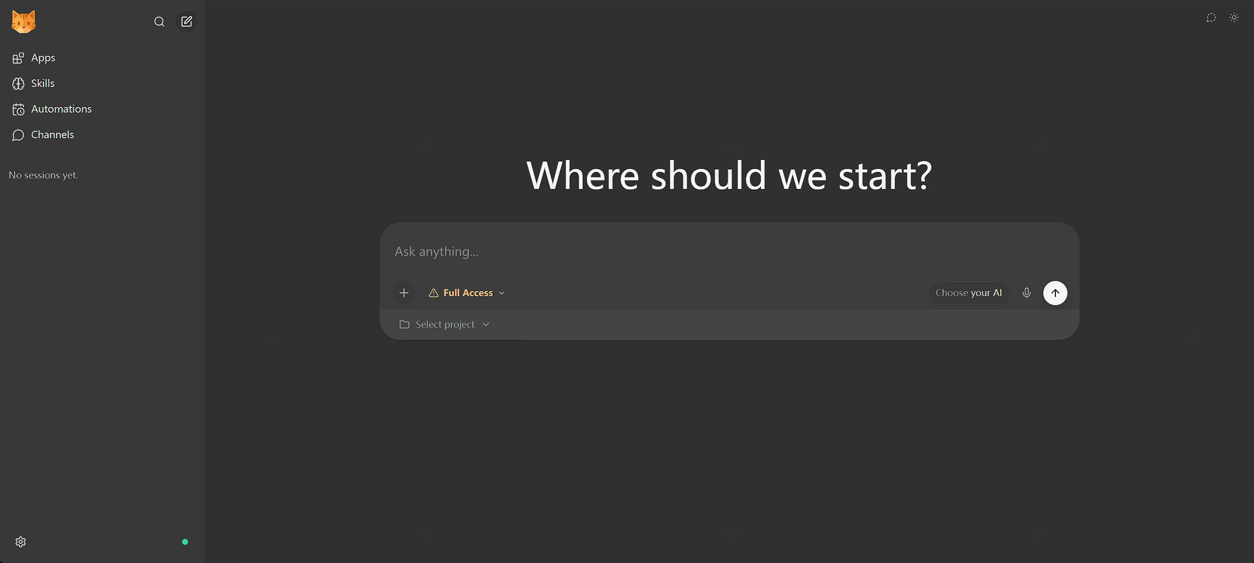 点击放大 nanobot WebUI 首页 Where should we start 对话输入区与侧栏
