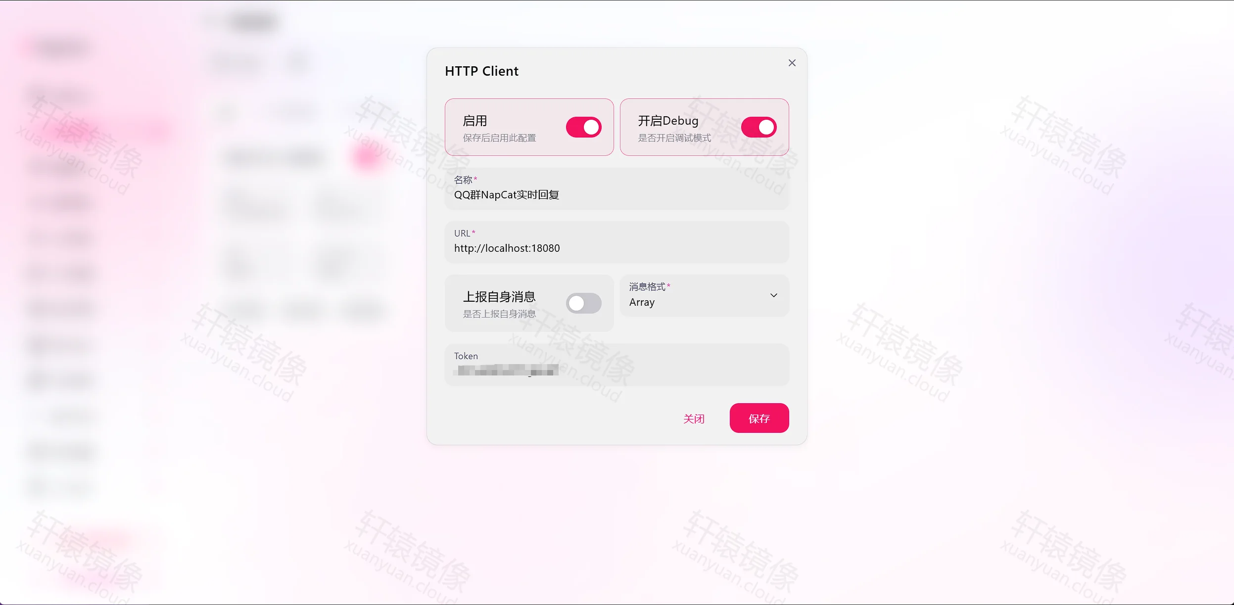 点击放大 NapCat HTTP 客户端配置 URL 与关闭上报自身消息