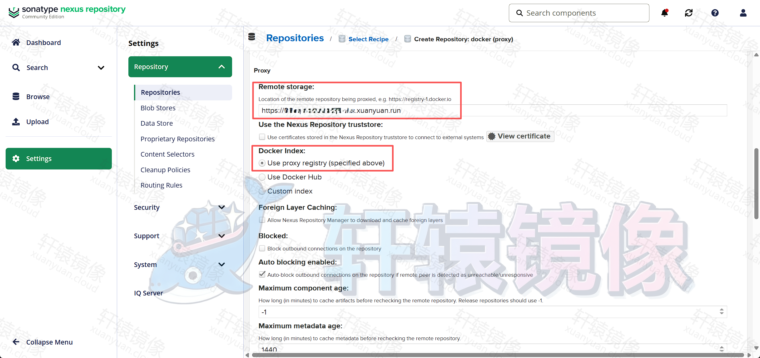 Nexus Docker Proxy 中配置 Remote storage 为轩辕镜像专属域名