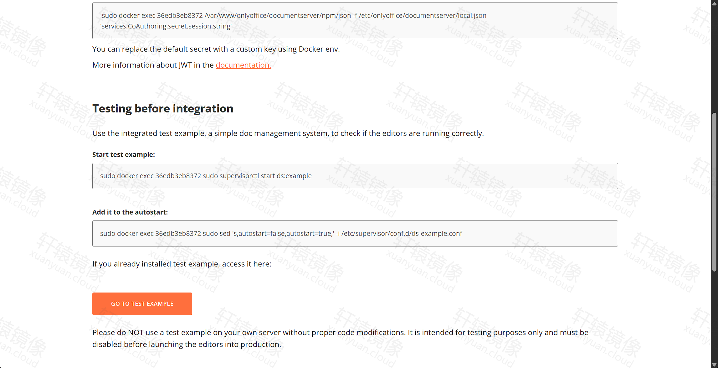 点击放大 欢迎页 Testing before integration 与 GO TO TEST EXAMPLE