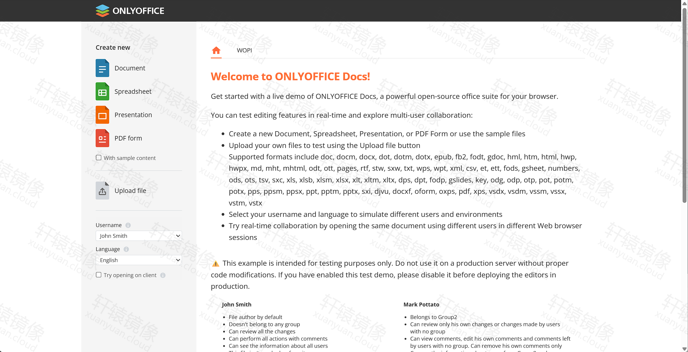 点击放大 example 列表页 Welcome to ONLYOFFICE Docs