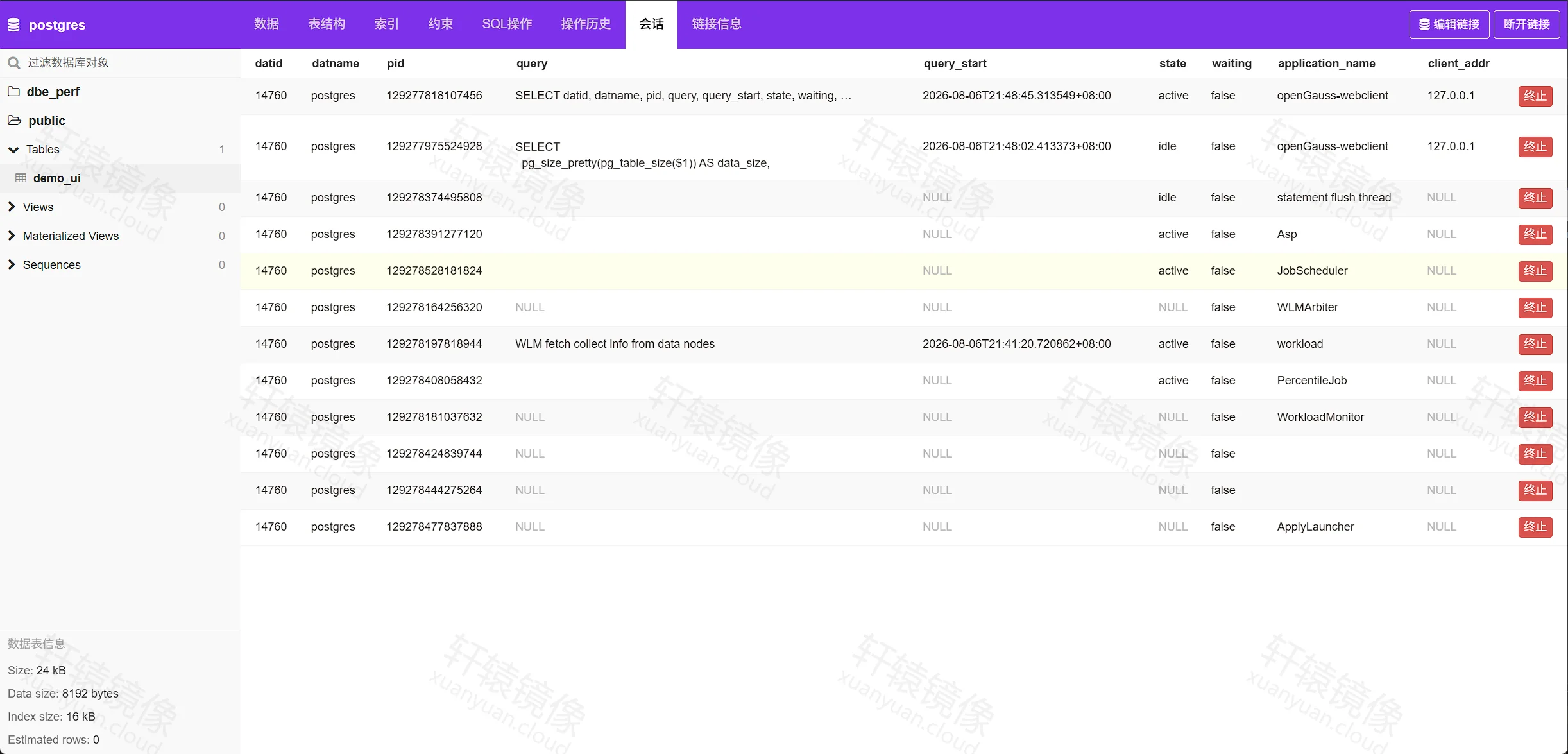 点击放大 openGauss webclient:会话页签列出 postgres 库中的活动会话