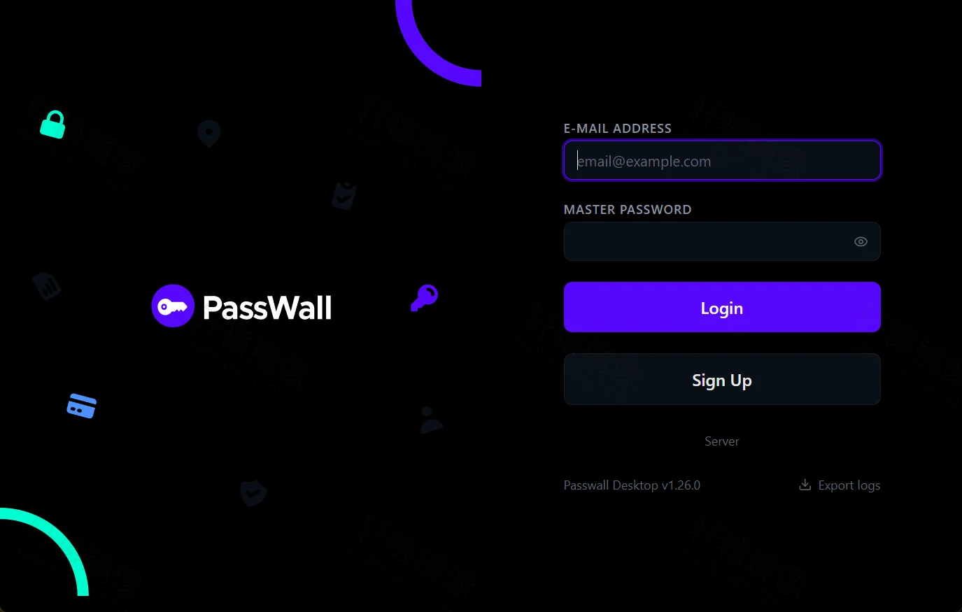 点击放大 PassWall Desktop 登录页:左侧品牌区与右侧邮箱/主密码表单,底部有 Server、Sign Up、Export logs