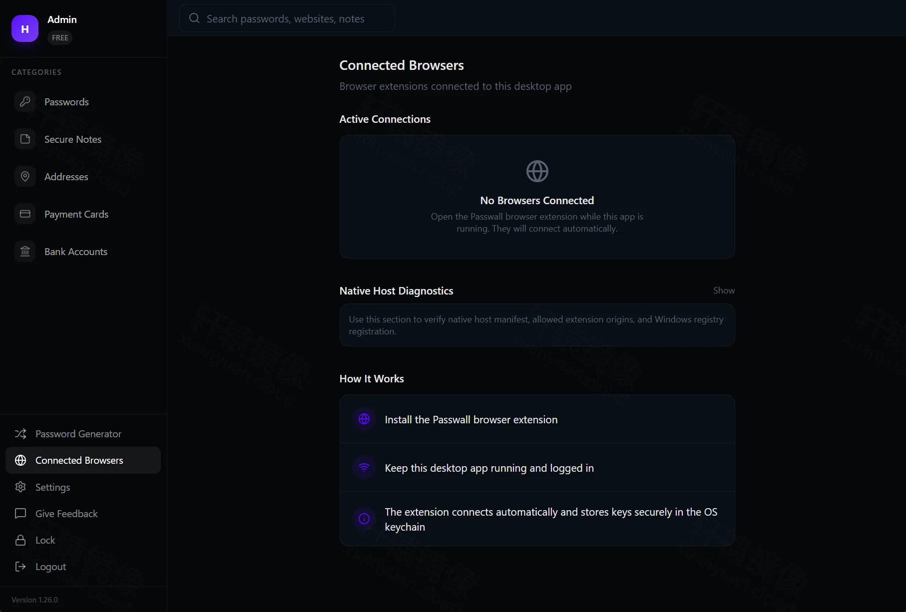点击放大 PassWall Desktop Connected Browsers:No Browsers Connected,说明扩展需在 Desktop 登录时自动连接