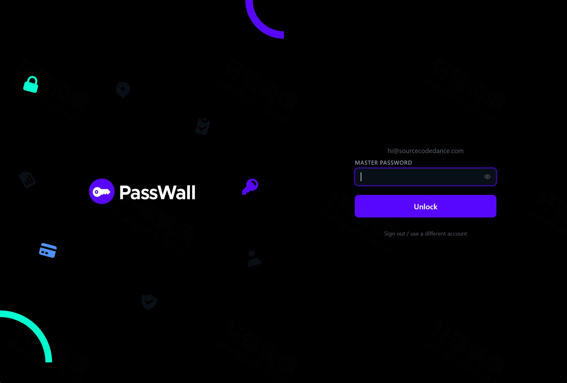 点击放大 PassWall Desktop 解锁页:显示已登录邮箱,MASTER PASSWORD 与 Unlock 按钮