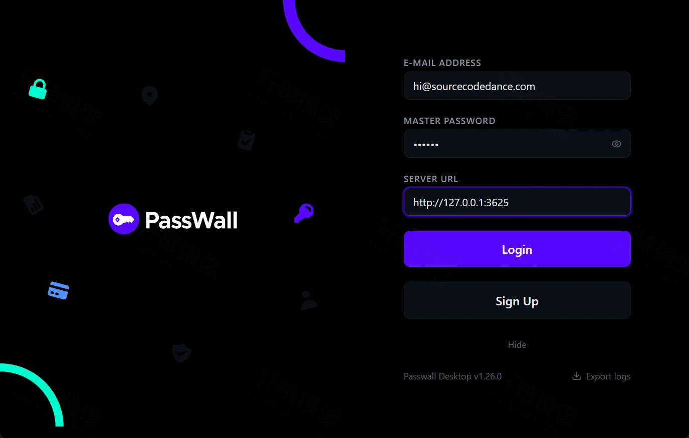点击放大 PassWall Desktop:已填邮箱与 Server URL http://127.0.0.1:3625,准备 Login
