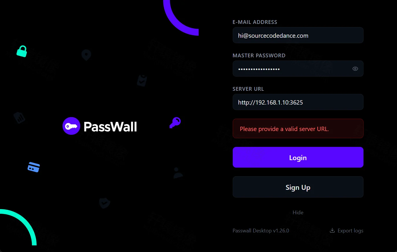 点击放大 PassWall Desktop:Server URL 填局域网 IP 后提示 Please provide a valid server URL