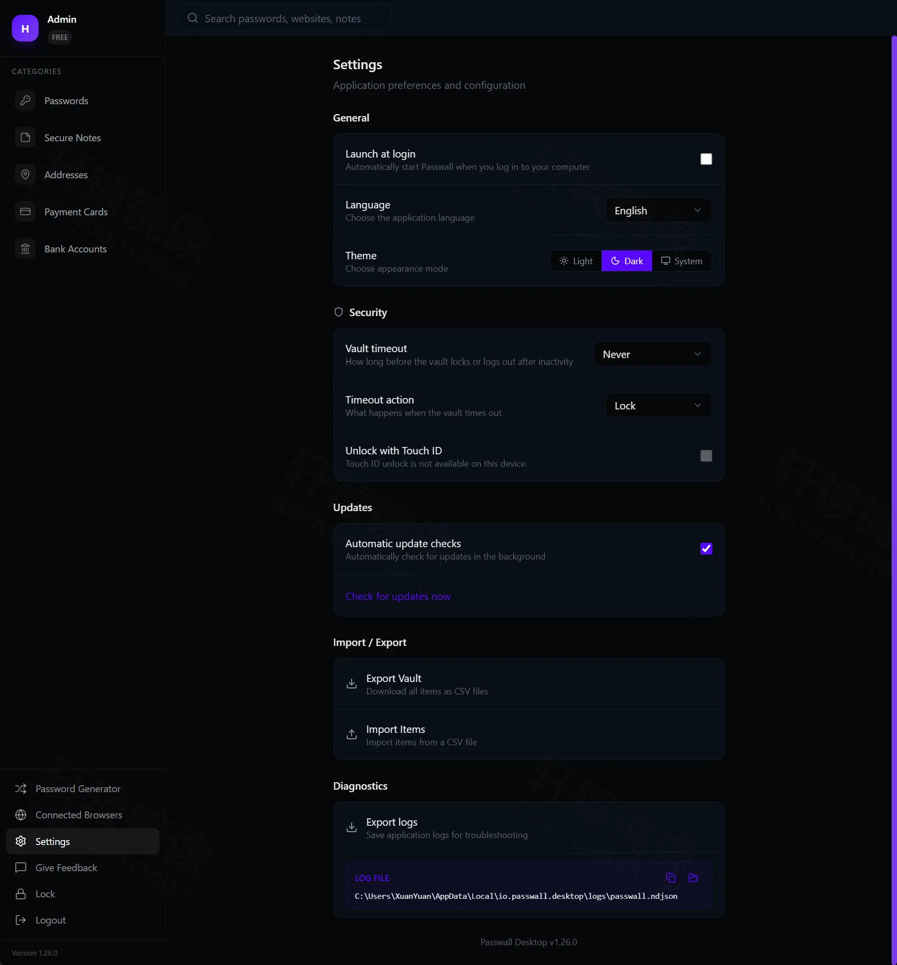 点击放大 PassWall Desktop Settings:General / Security / Import Export / Diagnostics,含日志路径
