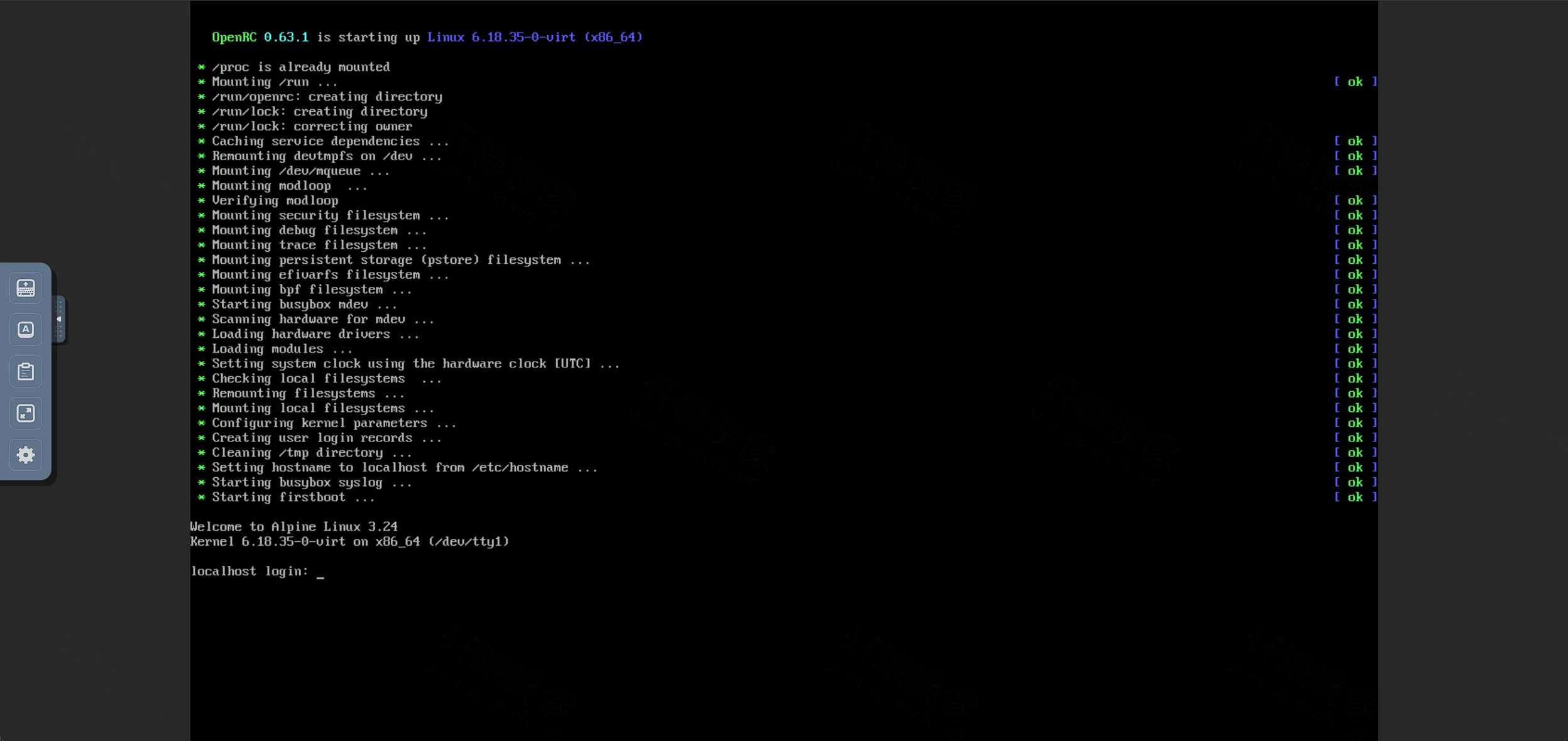 点击放大 Alpine Linux 3.24:OpenRC 启动完成,localhost login 等待输入