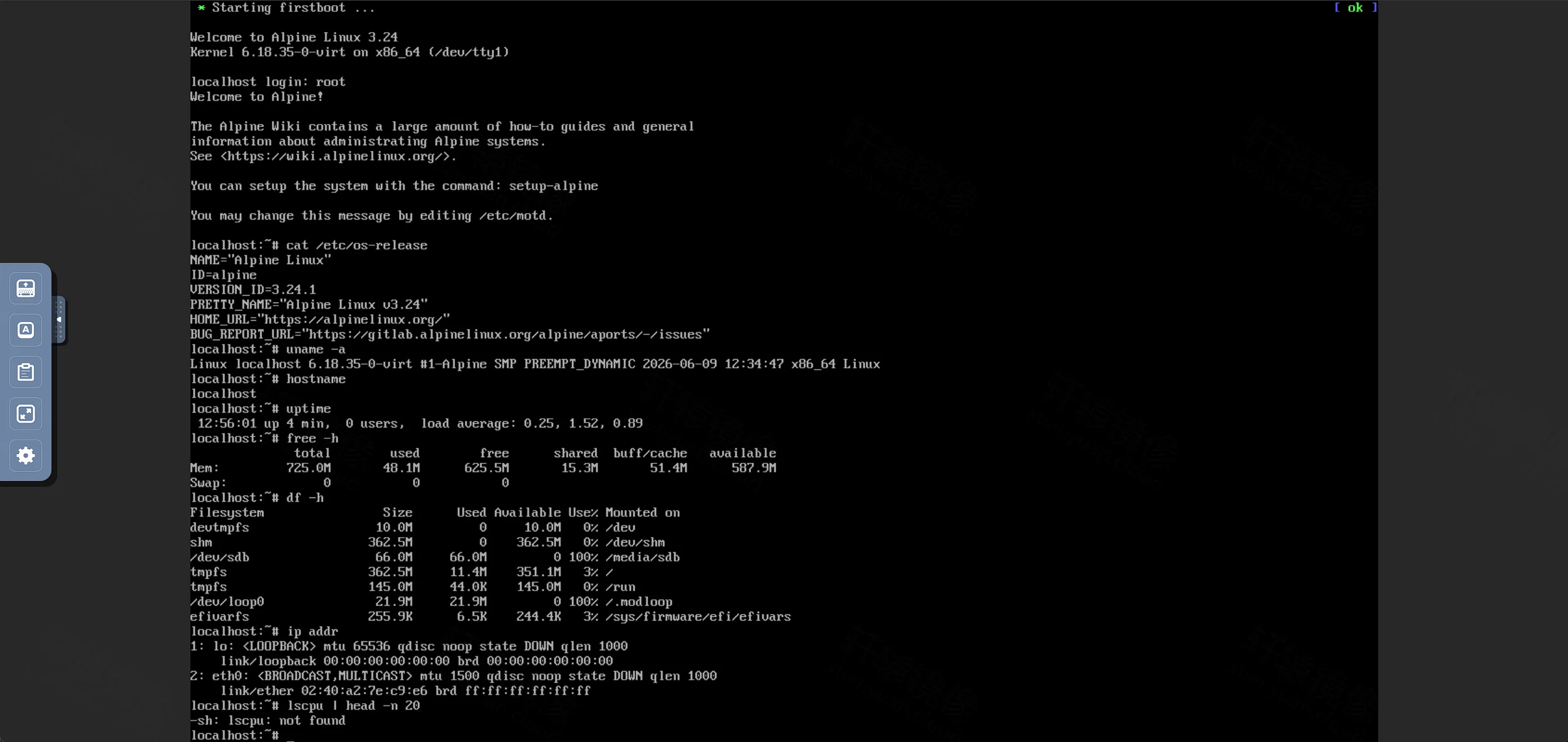 点击放大 Alpine 客户机:root 登录后执行 os-release、uname、free、df、ip addr